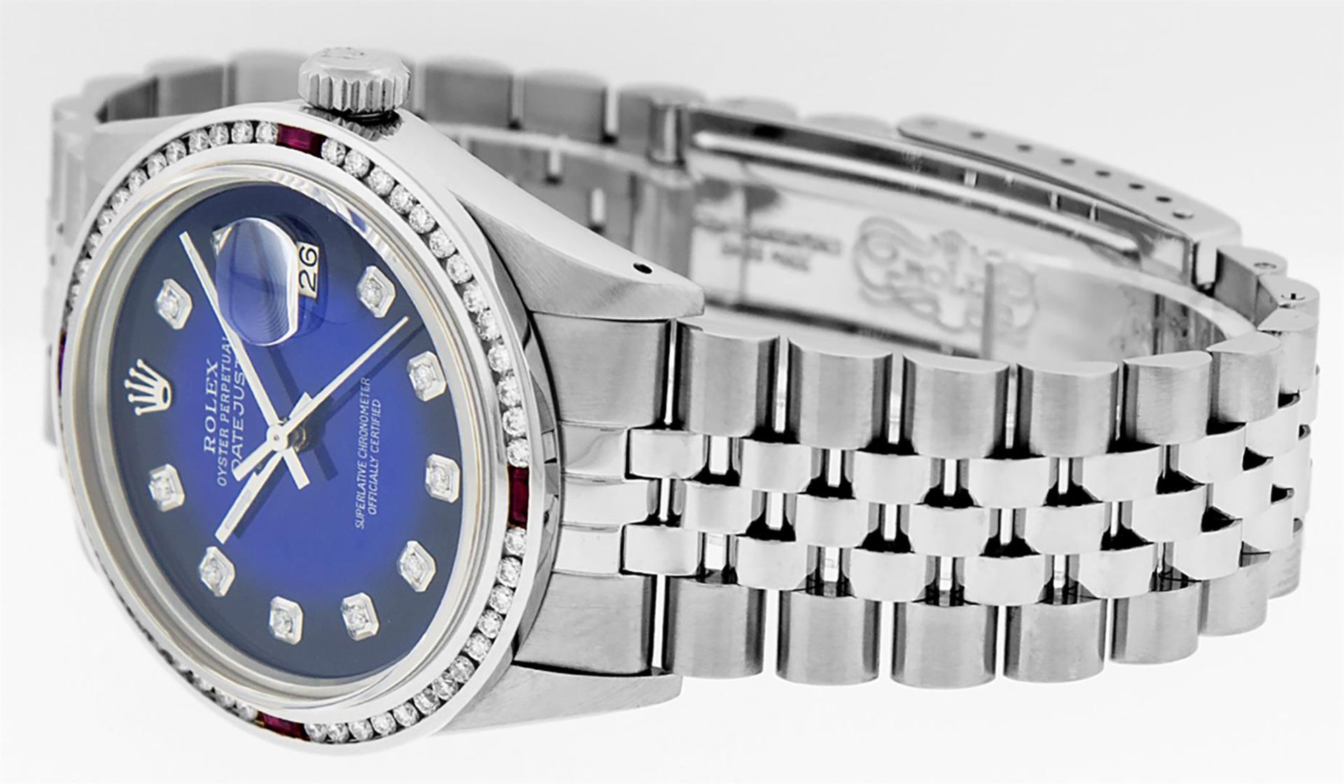 Rolex Mens SS Blue Vignette Diamond & Ruby Channel Set Diamond Datejust Wristwat - Image 9 of 9