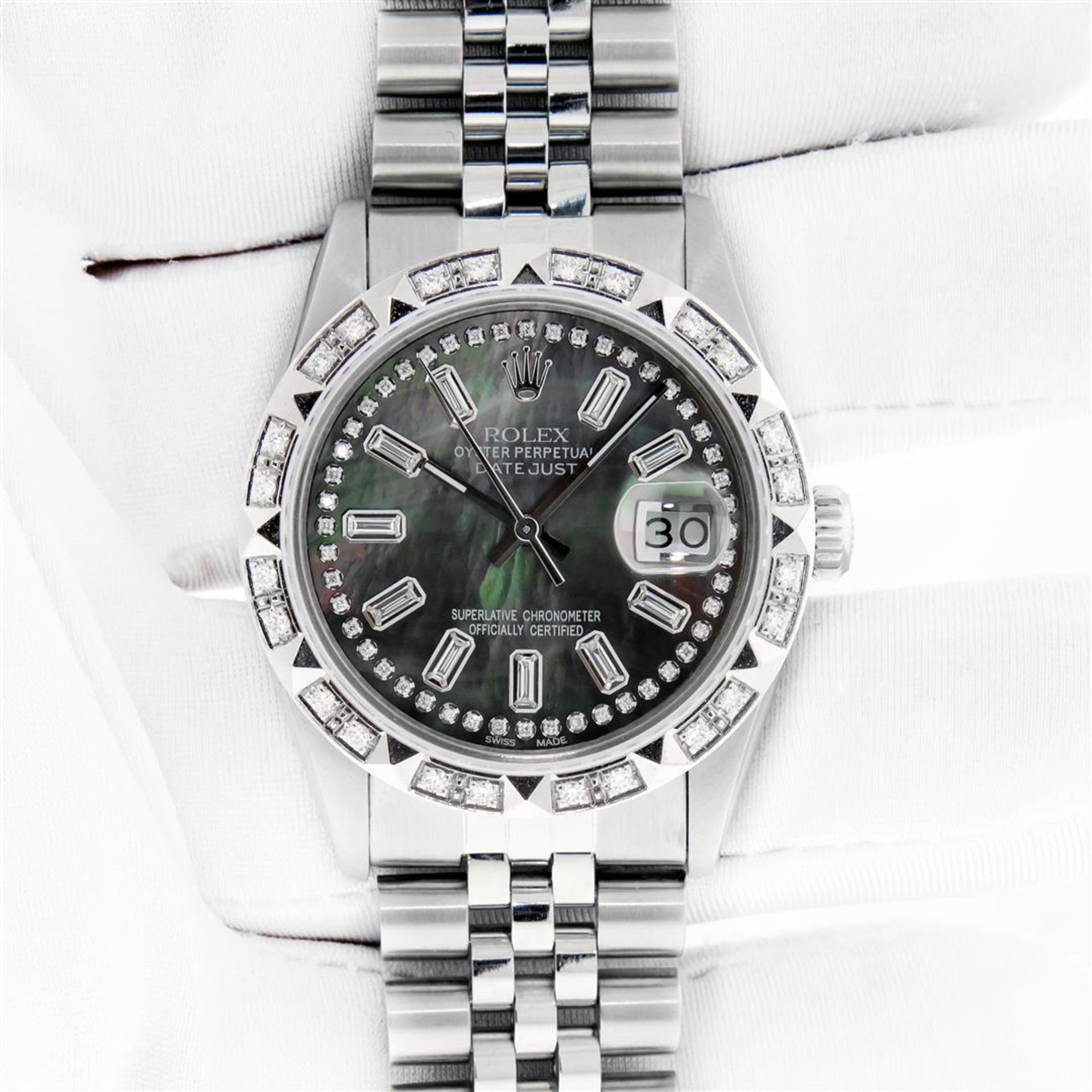 Rolex Mens Stainless Steel Black MOP Baguette Diamond 36MM Datejust Wristwatch W - Image 3 of 9