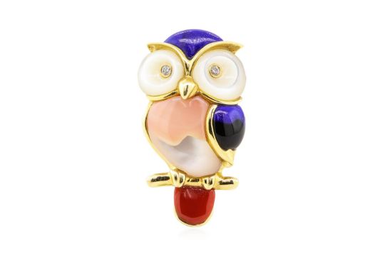 0.04ctw Diamond and Multi-colored Gemstone Owl Pin - 14KT Yellow Gold - Image 1 of 2