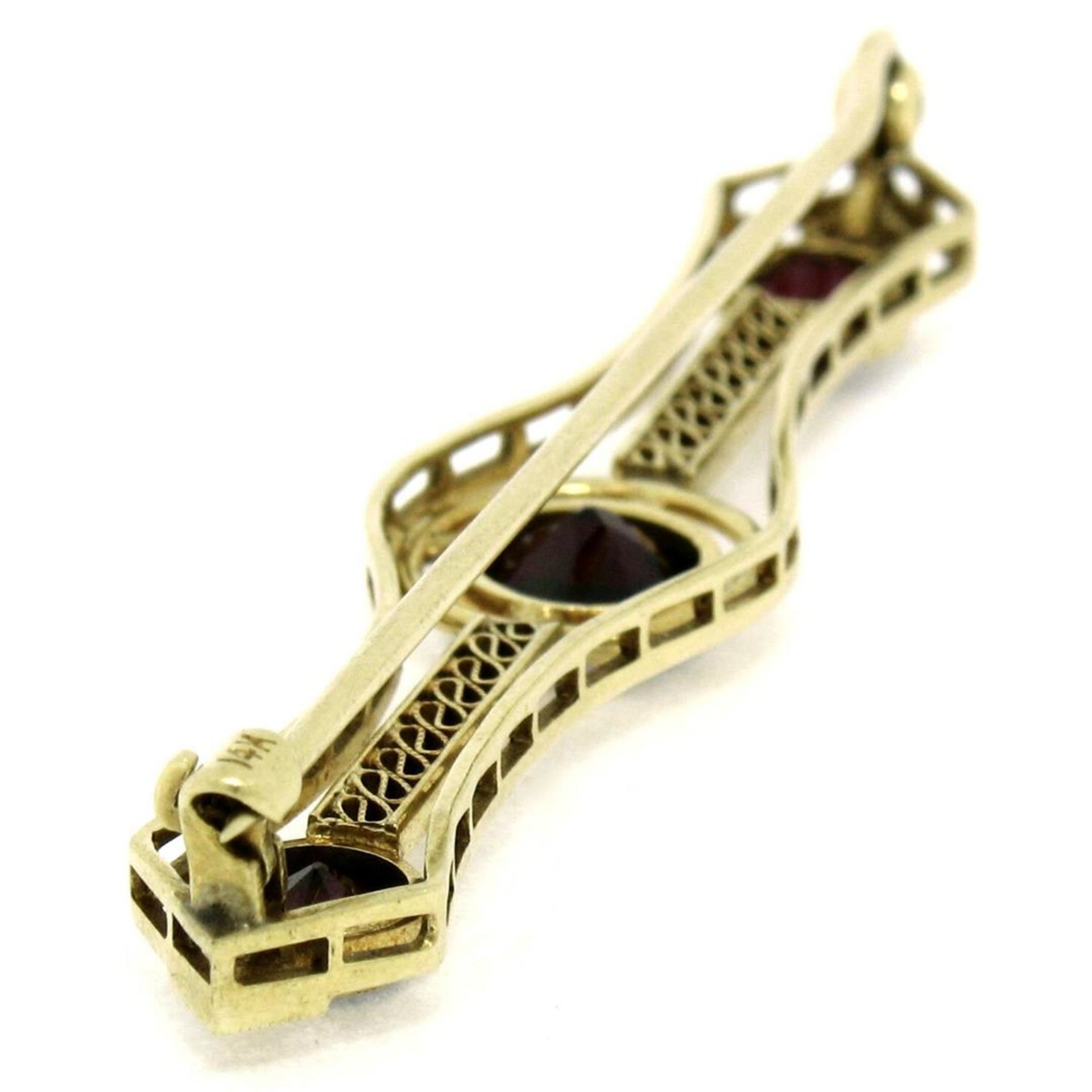 Antique Art Nouveau 14k Yellow Gold 2.20ctw Old Round Garnet Filigree Bar Pin Br - Image 6 of 7