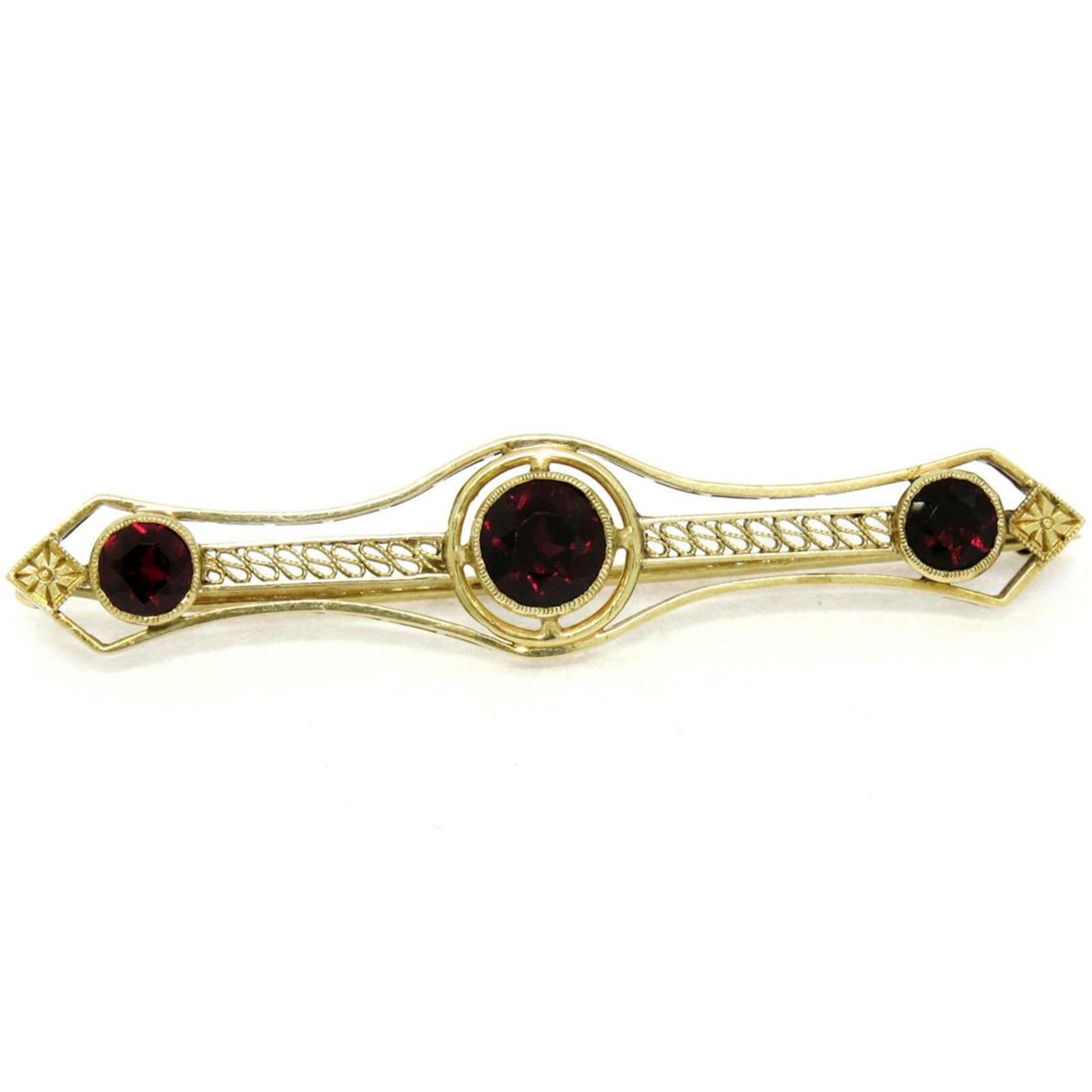 Antique Art Nouveau 14k Yellow Gold 2.20ctw Old Round Garnet Filigree Bar Pin Br - Image 4 of 7