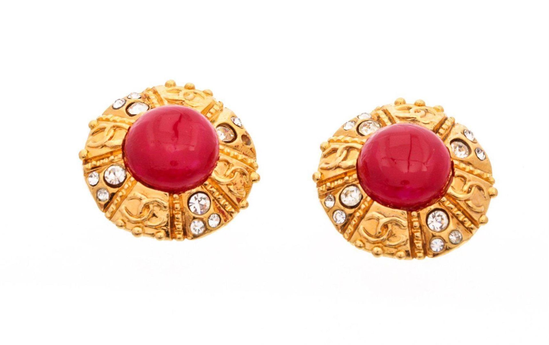 Chanel Gold Red CC Round Earrings