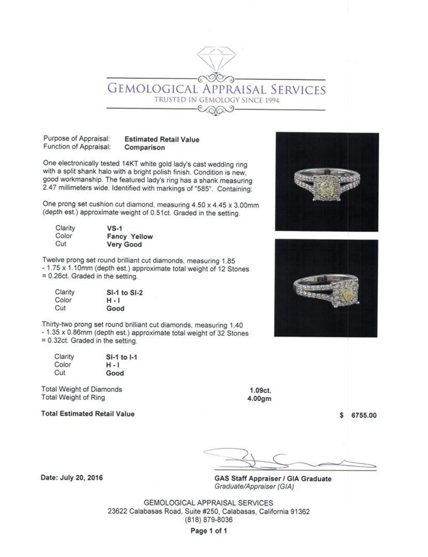 1.09 ctw Fancy Yellow Diamond Ring - 14KT White Gold - Image 5 of 5