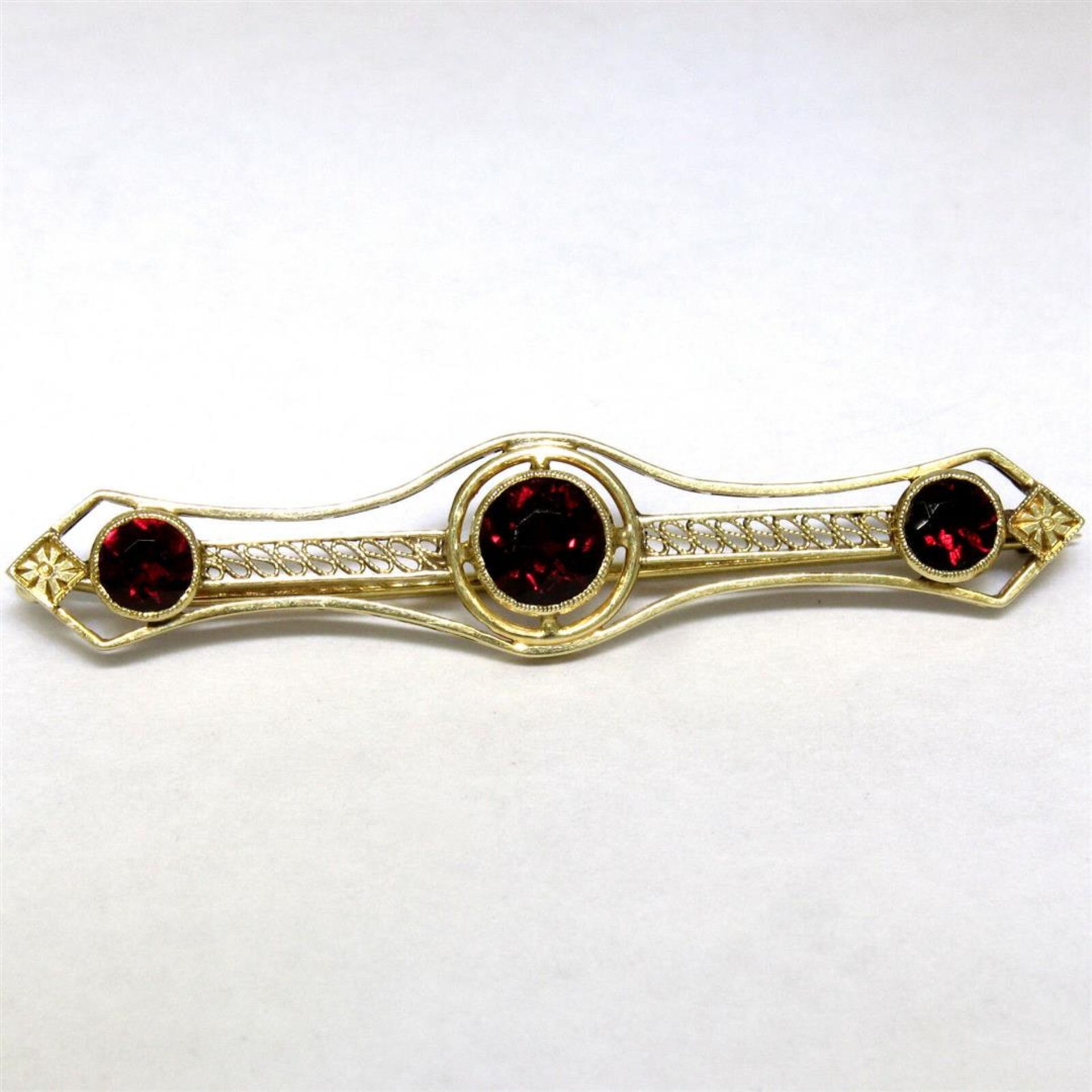 Antique Art Nouveau 14k Yellow Gold 2.20ctw Old Round Garnet Filigree Bar Pin Br