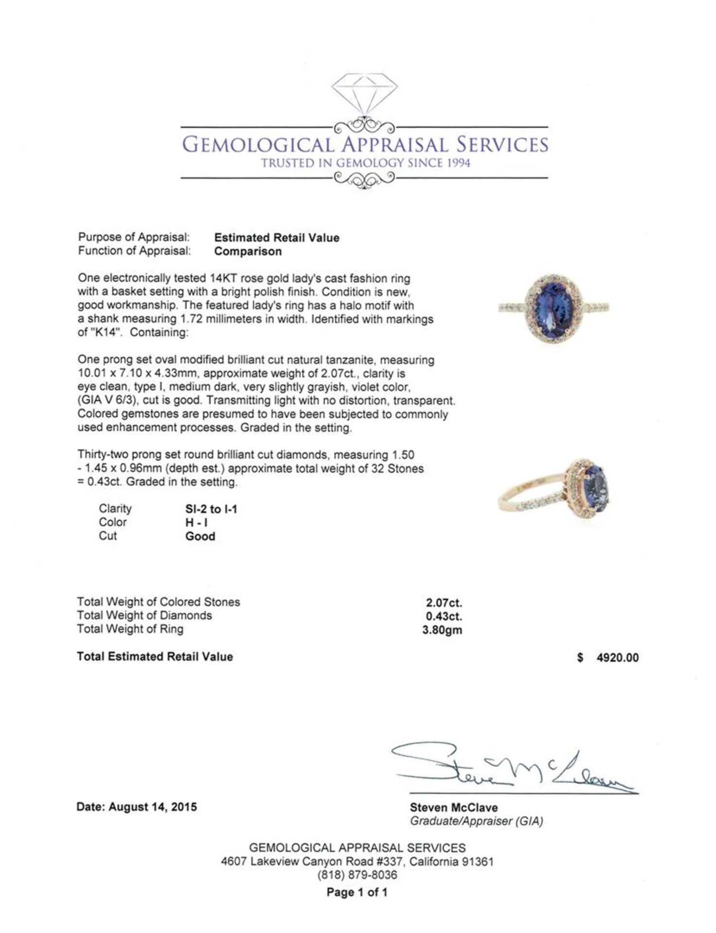 2.07 ctw Tanzanite and Diamond Ring - 14KT Rose Gold - Image 4 of 4