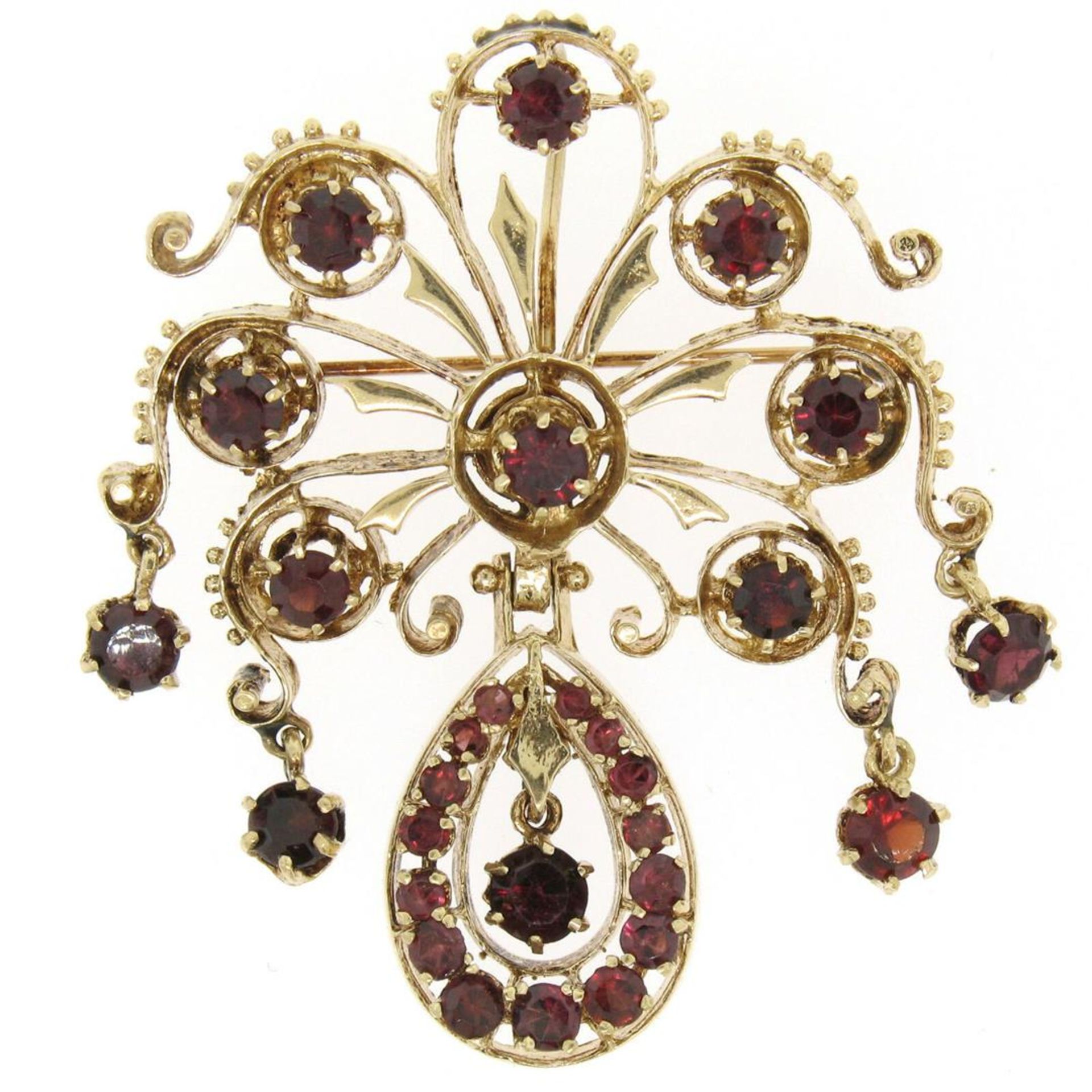 Vintage 14k Yellow Gold 6.75ctw Round Garnet Open Work Dangle Pin Brooch Pendant