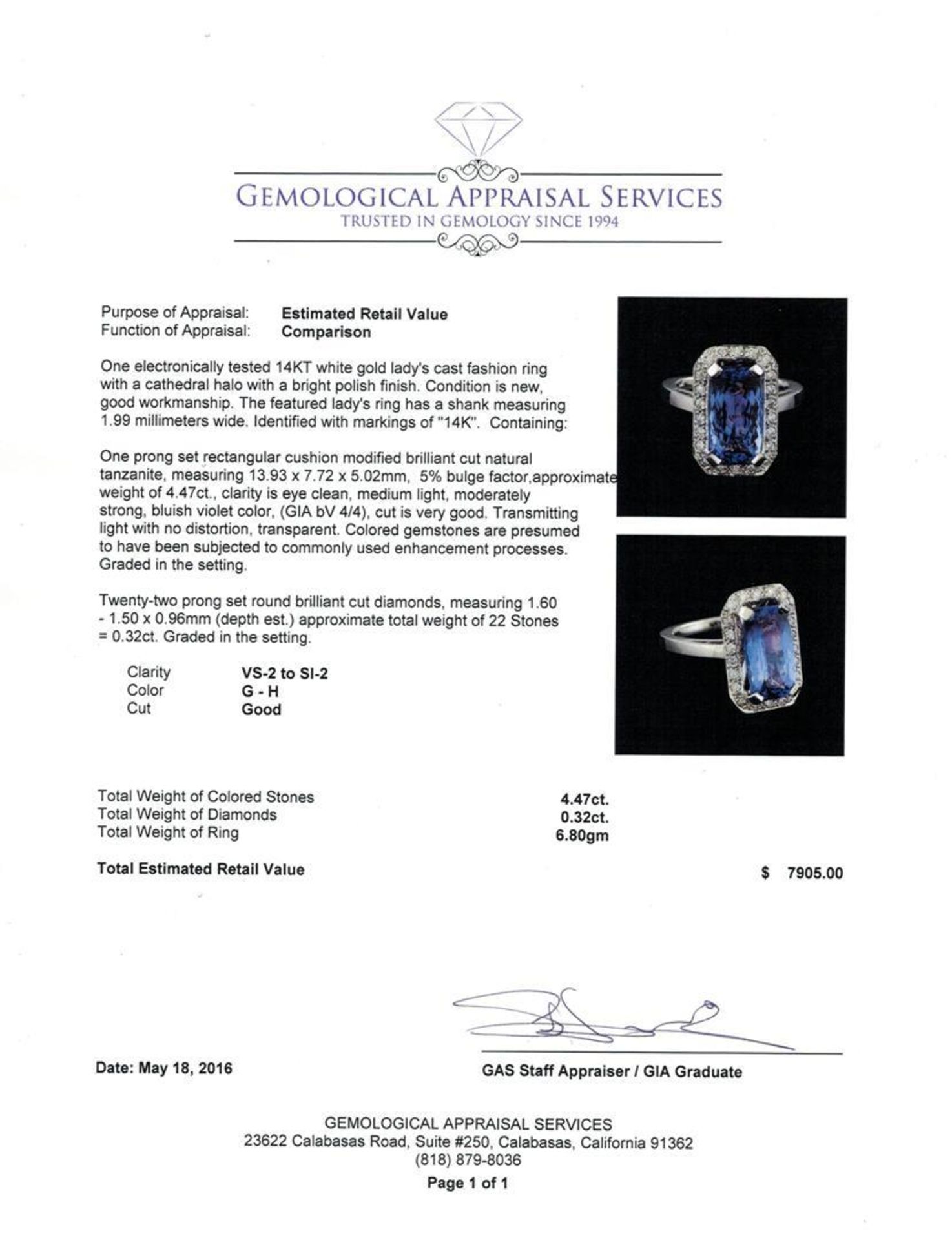 4.47 ctw Tanzanite and Diamond Ring - 14KT White Gold - Image 5 of 5