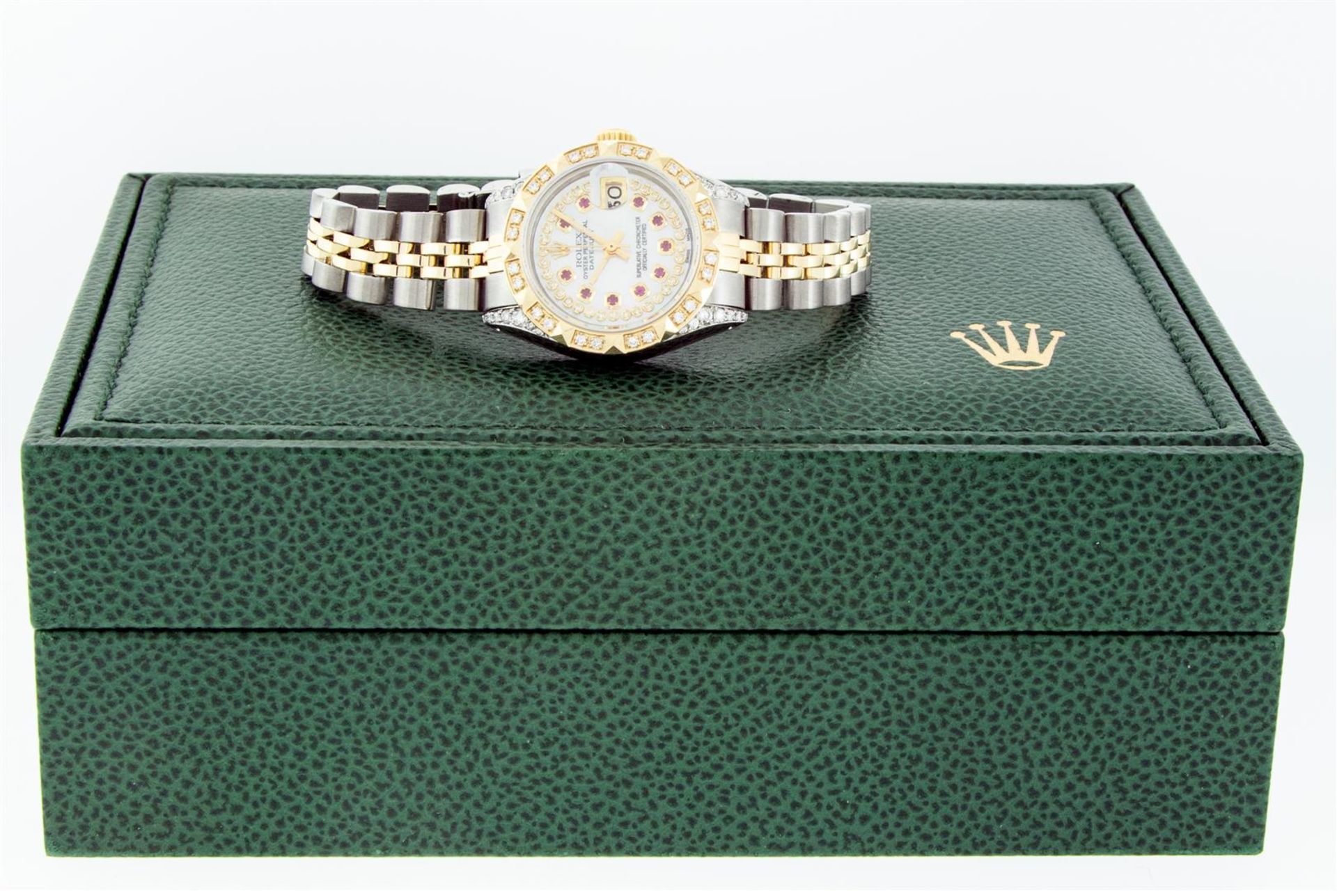 Rolex Ladies 2 Tone MOP Ruby & Pyramid Diamond Datejust Wriswatch With Rolex Box - Image 7 of 9