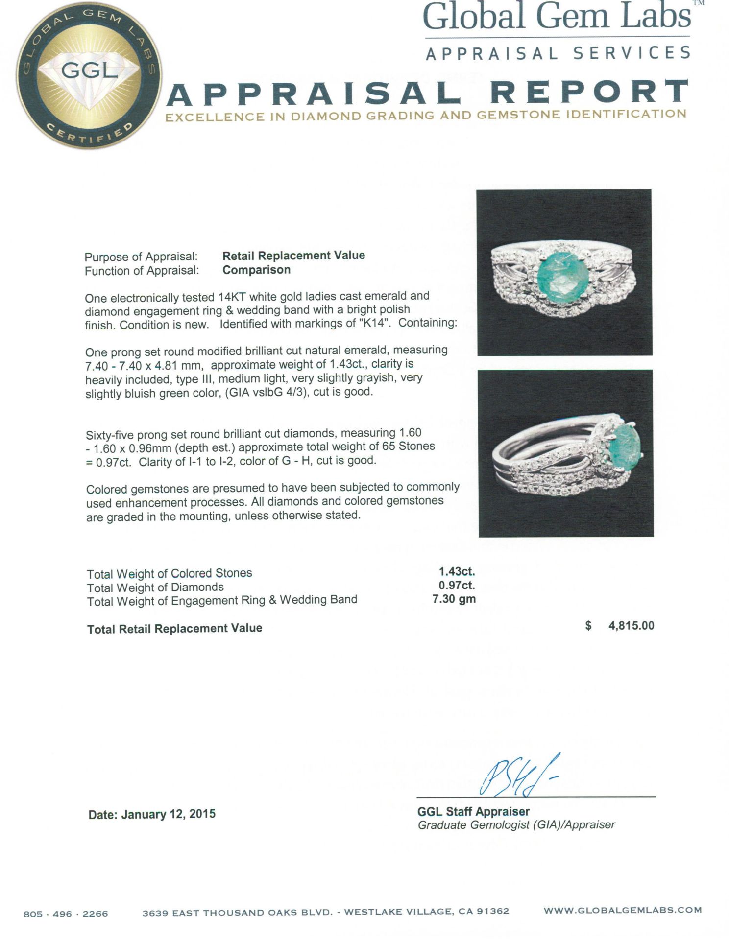 14KT White Gold 1.43 ctw Emerald and Diamond Wedding Ring Set - Image 4 of 4