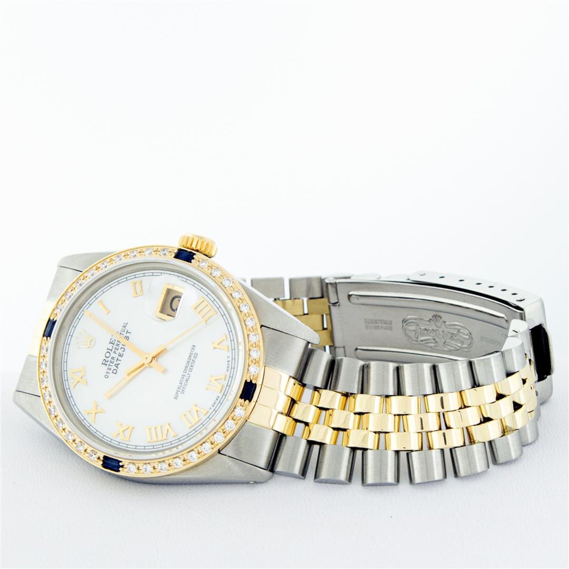 Rolex Mens 2 Tone Mother Of Pearl Diamond & Sapphire 36MM Datejust Wristwatch - Image 4 of 9