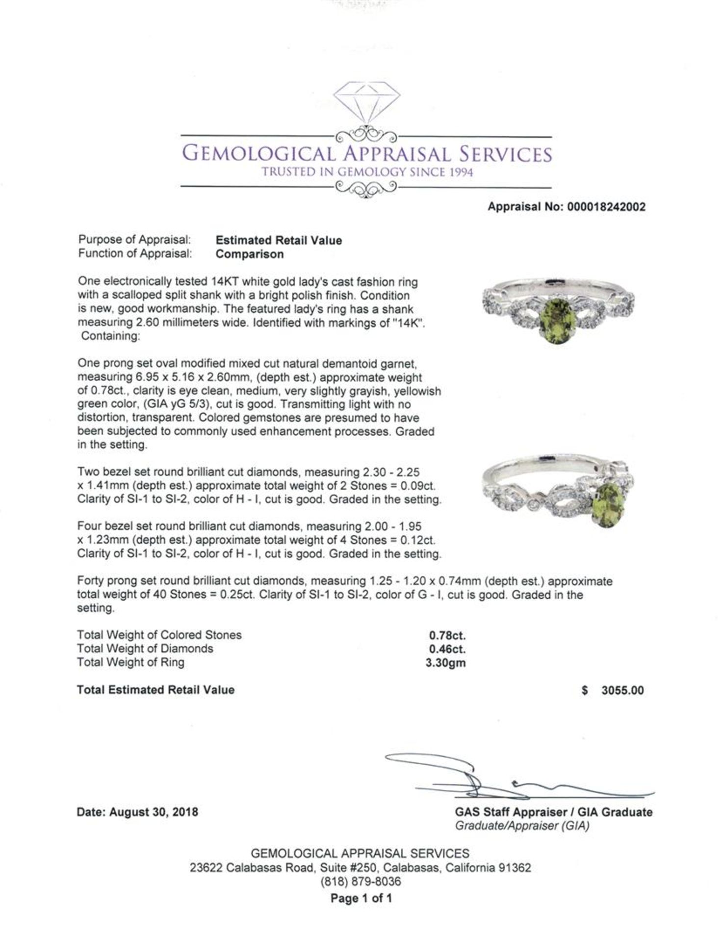 1.24 ctw Oval Mixed Demantoid Garnet And Round Brilliant Cut Diamond Ring - 14KT - Image 5 of 5