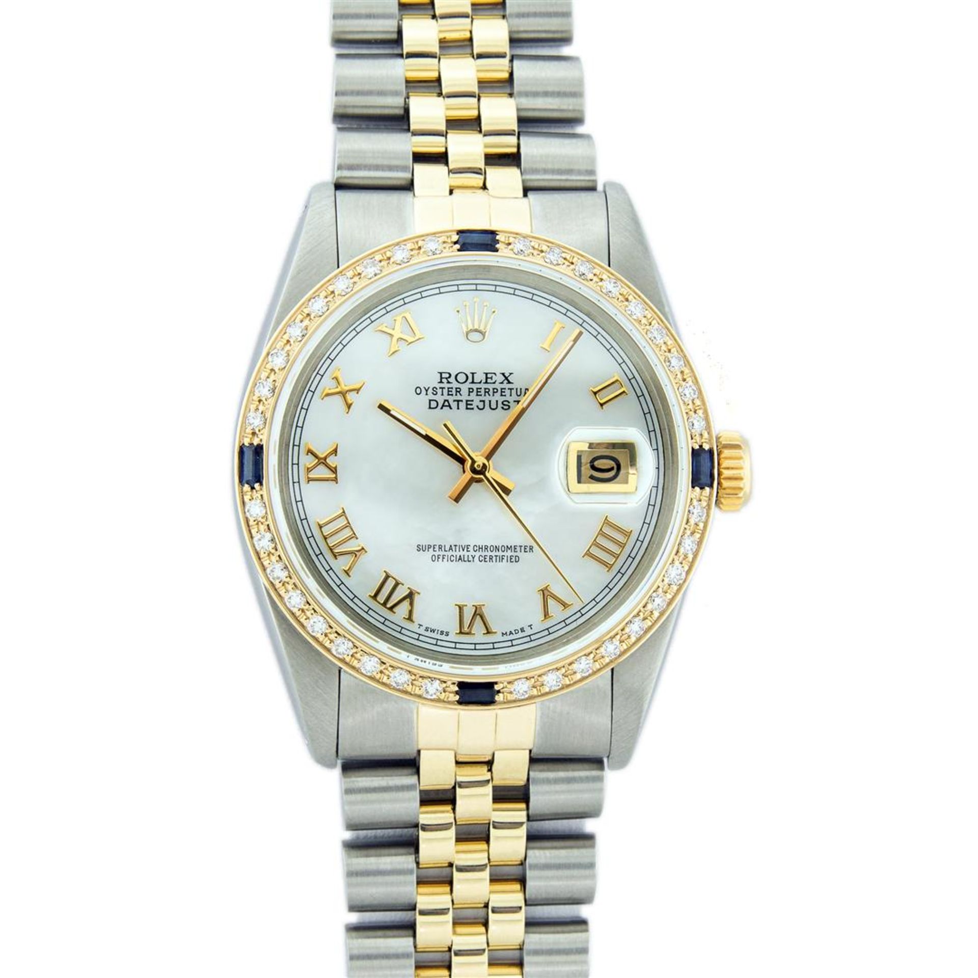 Rolex Mens 2 Tone Mother Of Pearl Diamond & Sapphire 36MM Datejust Wristwatch - Image 2 of 9