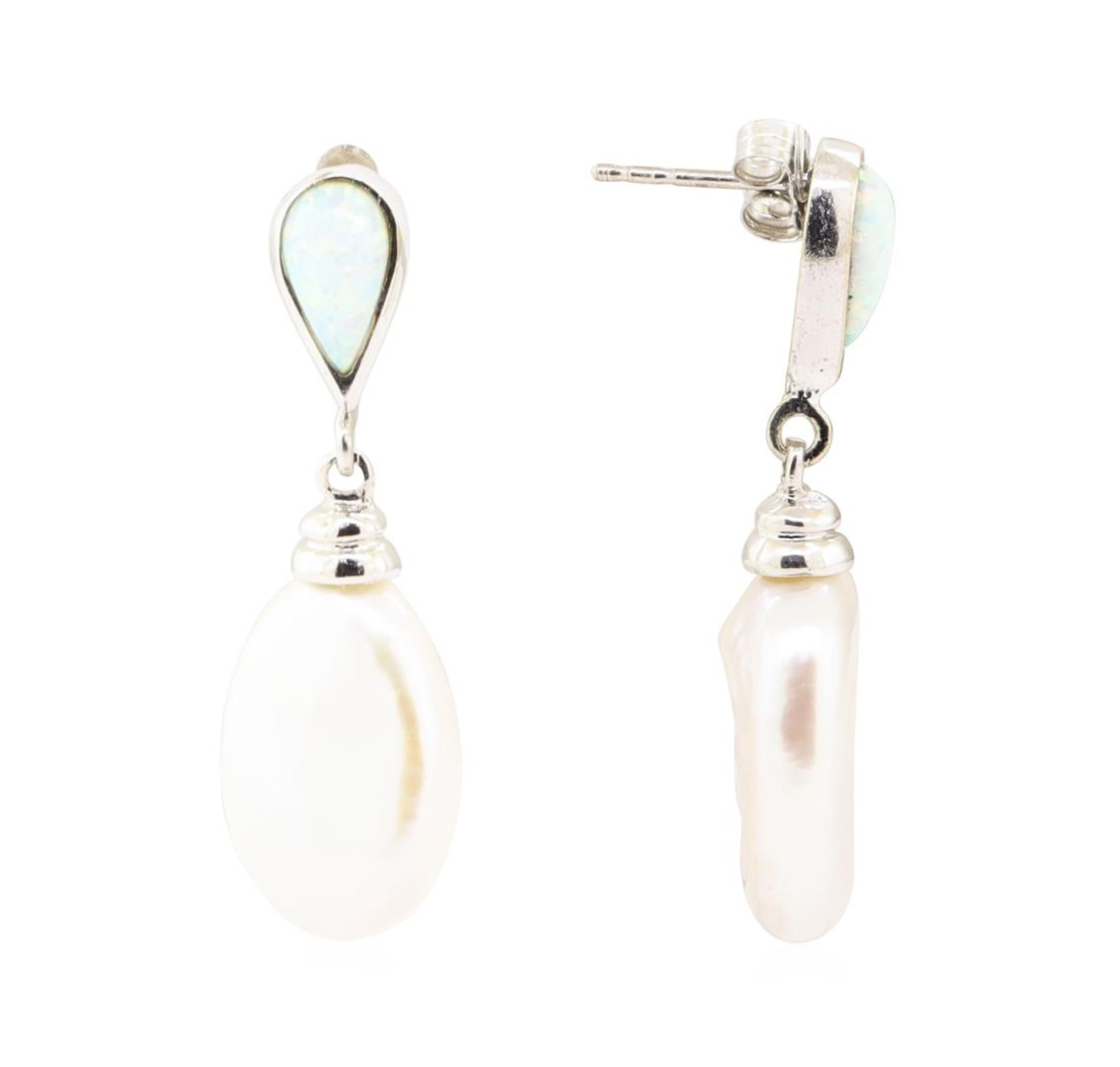 0.60 ctw Opal and Baroque Pearl Earrings - 18KT White Gold - Image 2 of 2