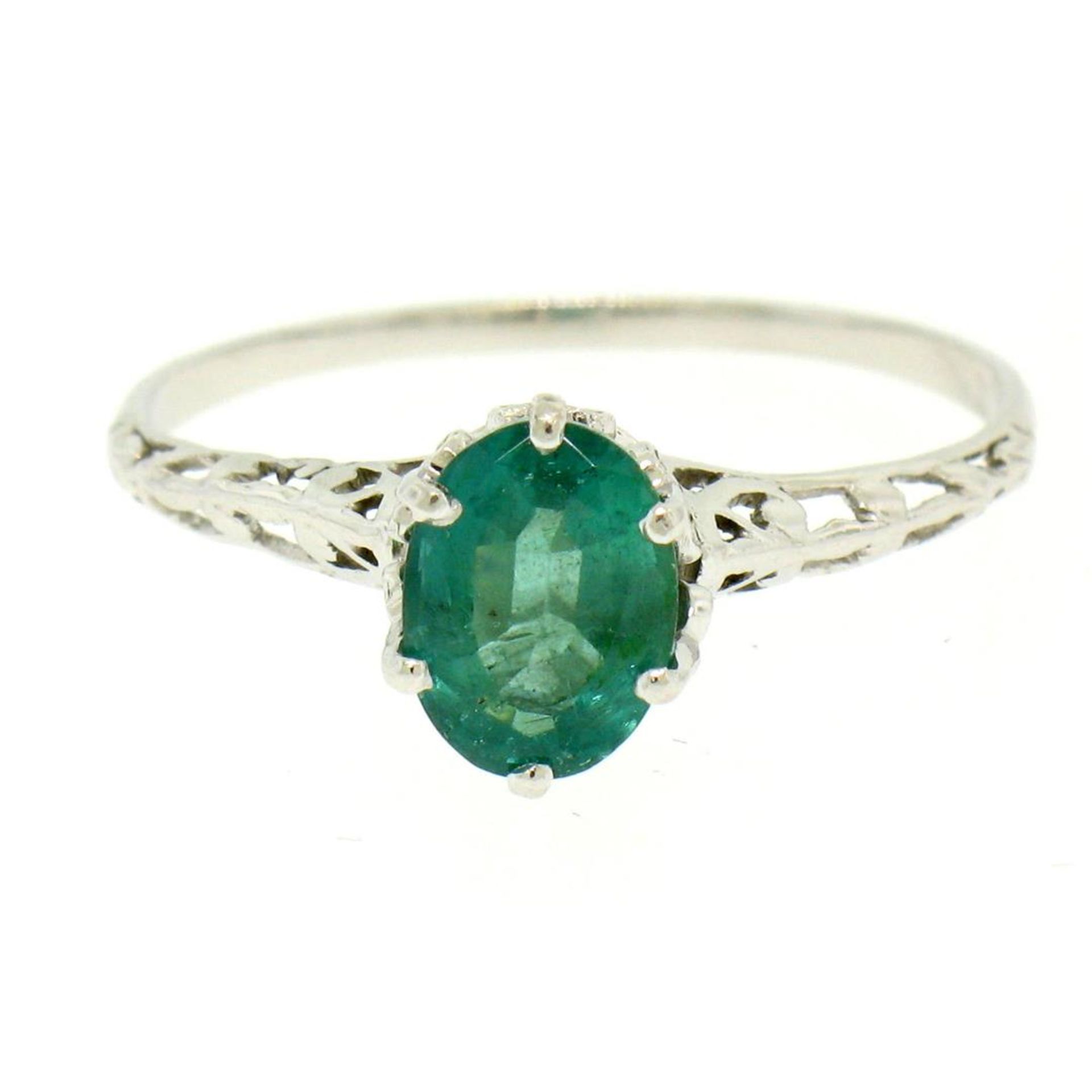 14k White Gold 1.38 ct Prong Set Oval Cut Emerald Filigree Solitaire Ring