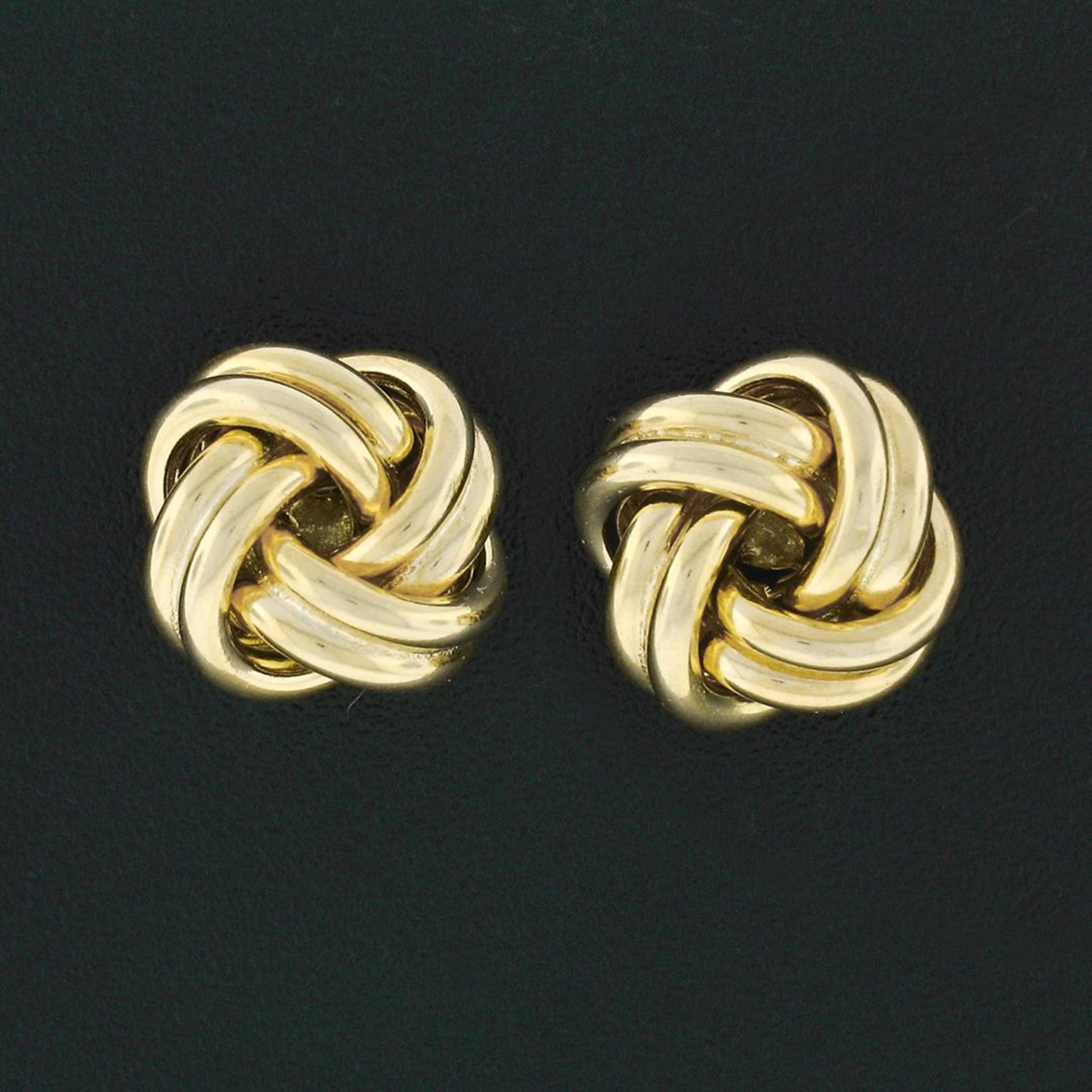 Italian 14K Yellow Gold Ribbed High Polished Dual Tube Love Knot Stud Earrings - Image 2 of 6