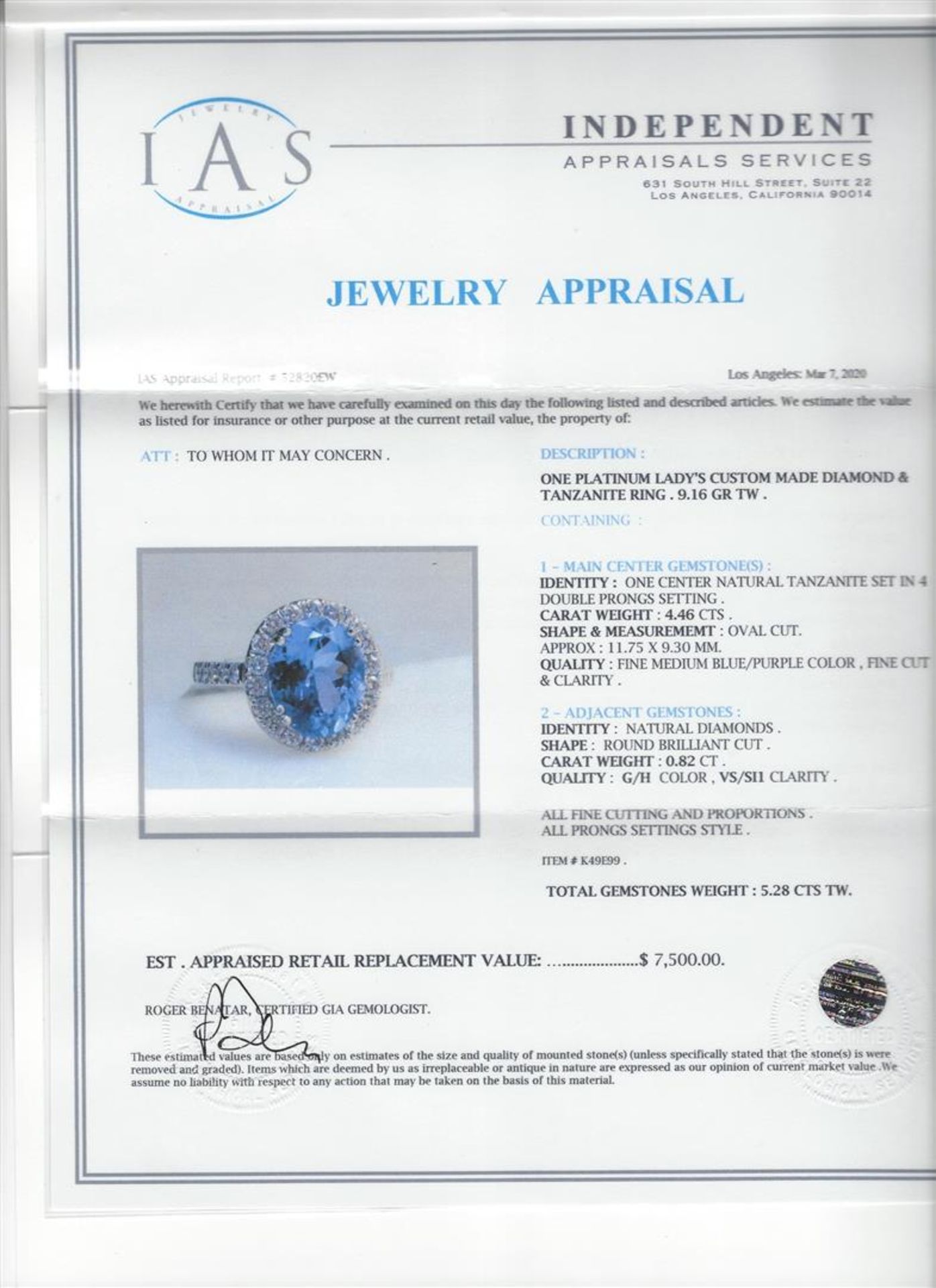 4.46ct Tanzanite and Diamond Ring - Platinum - Image 5 of 5