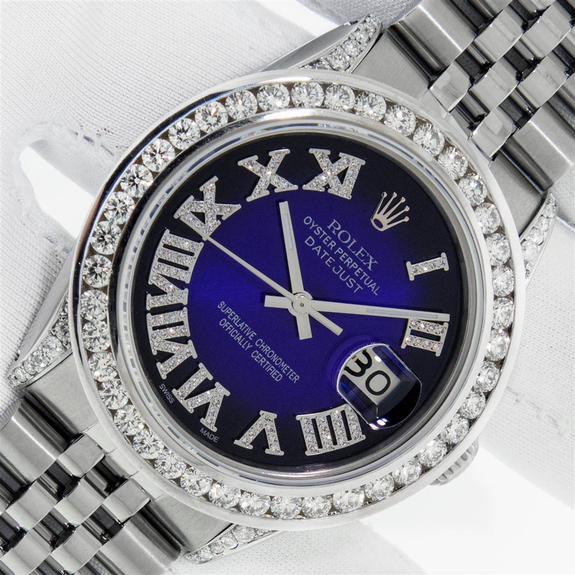 Rolex Mens Stainless Steel Blue Vignette Roman 3ctw Diamond Datejust Wristwatch