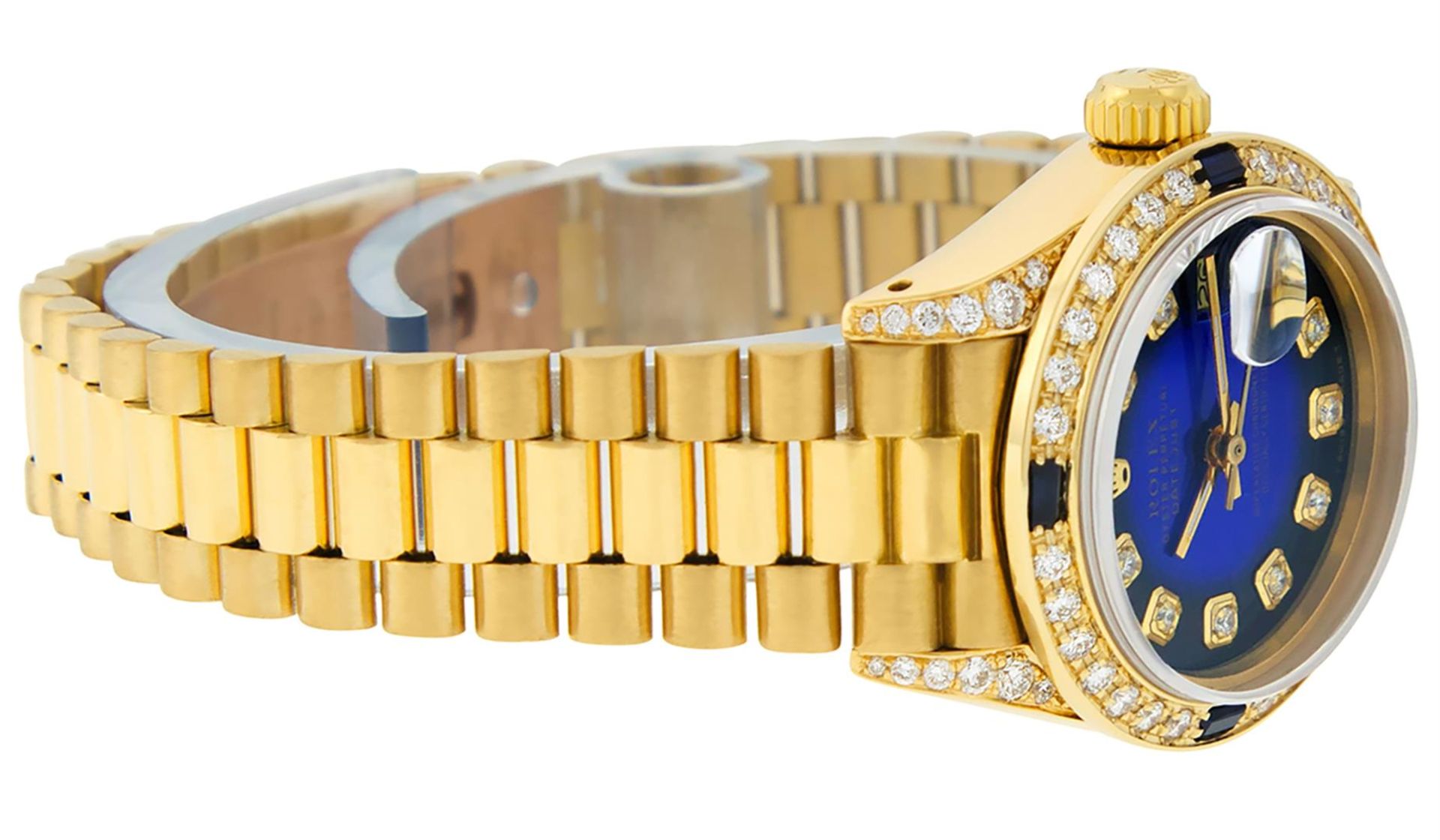 Rolex Ladies 18K Yellow Gold Blue Vignette Diamond And Sapphire President Wristw - Image 9 of 9