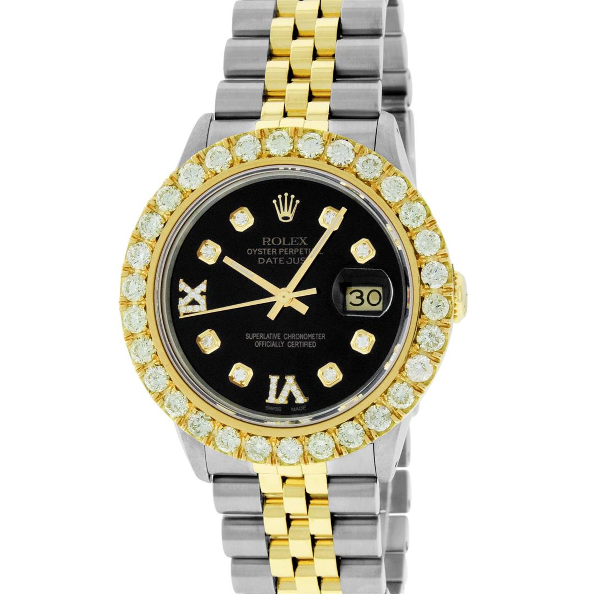 Rolex Mens 2 Tone Black VS 4ctw Beadset Diamond Datejust Wristwatch with Rolex B