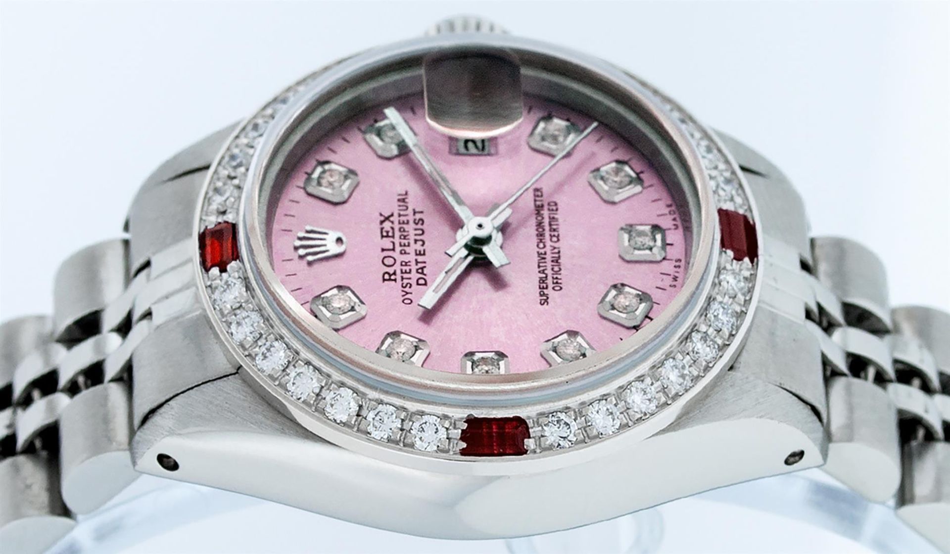 Rolex Ladies Stainless Steel Pink Diamond & Ruby 26MM Datejust Wristwatch - Image 4 of 9