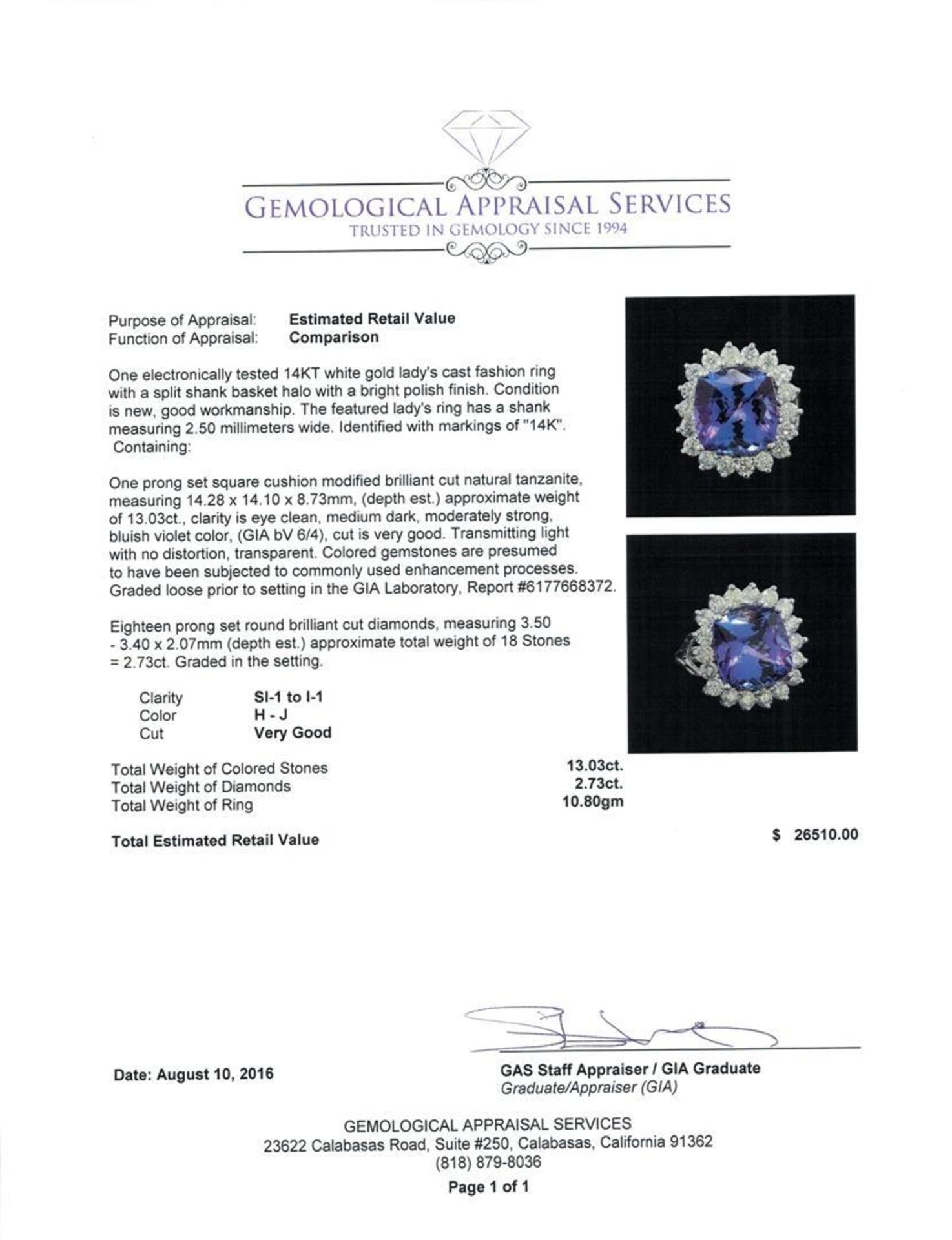 GIA Cert 13.03 ctw Tanzanite and Diamond Ring - 14KT White Gold - Image 5 of 6