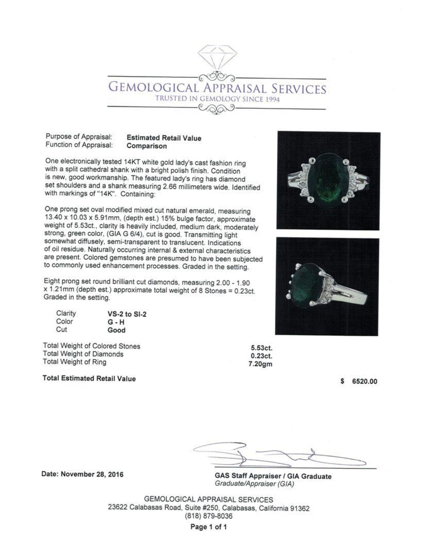 5.53 ctw Emerald and Diamond Ring - 14KT White Gold - Image 5 of 5