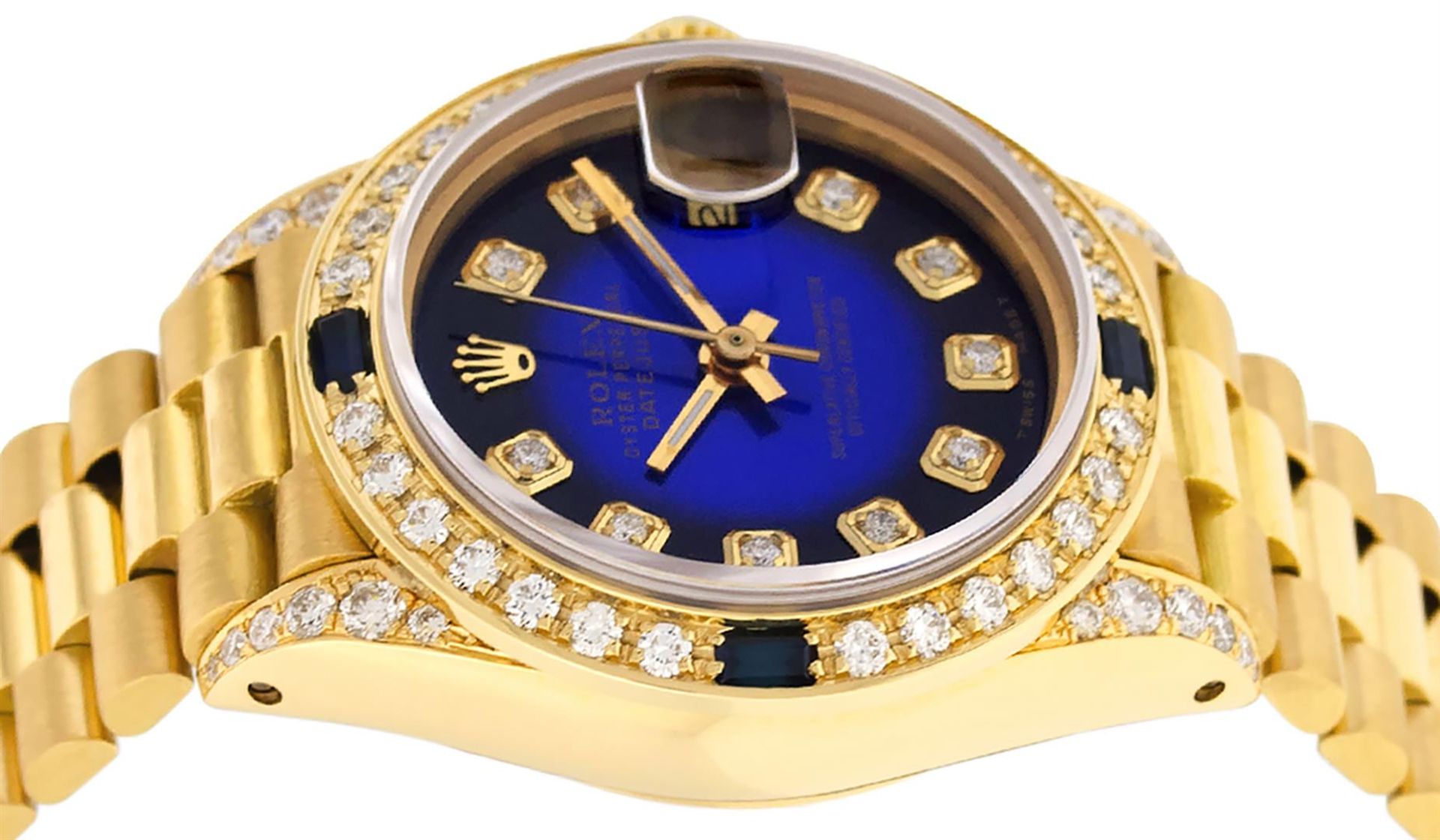 Rolex Ladies 18K Yellow Gold Blue Vignette Diamond And Sapphire President Wristw - Image 4 of 9