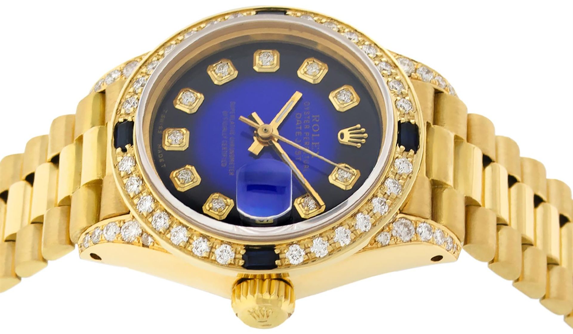 Rolex Ladies 18K Yellow Gold Blue Vignette Diamond And Sapphire President Wristw - Image 3 of 9