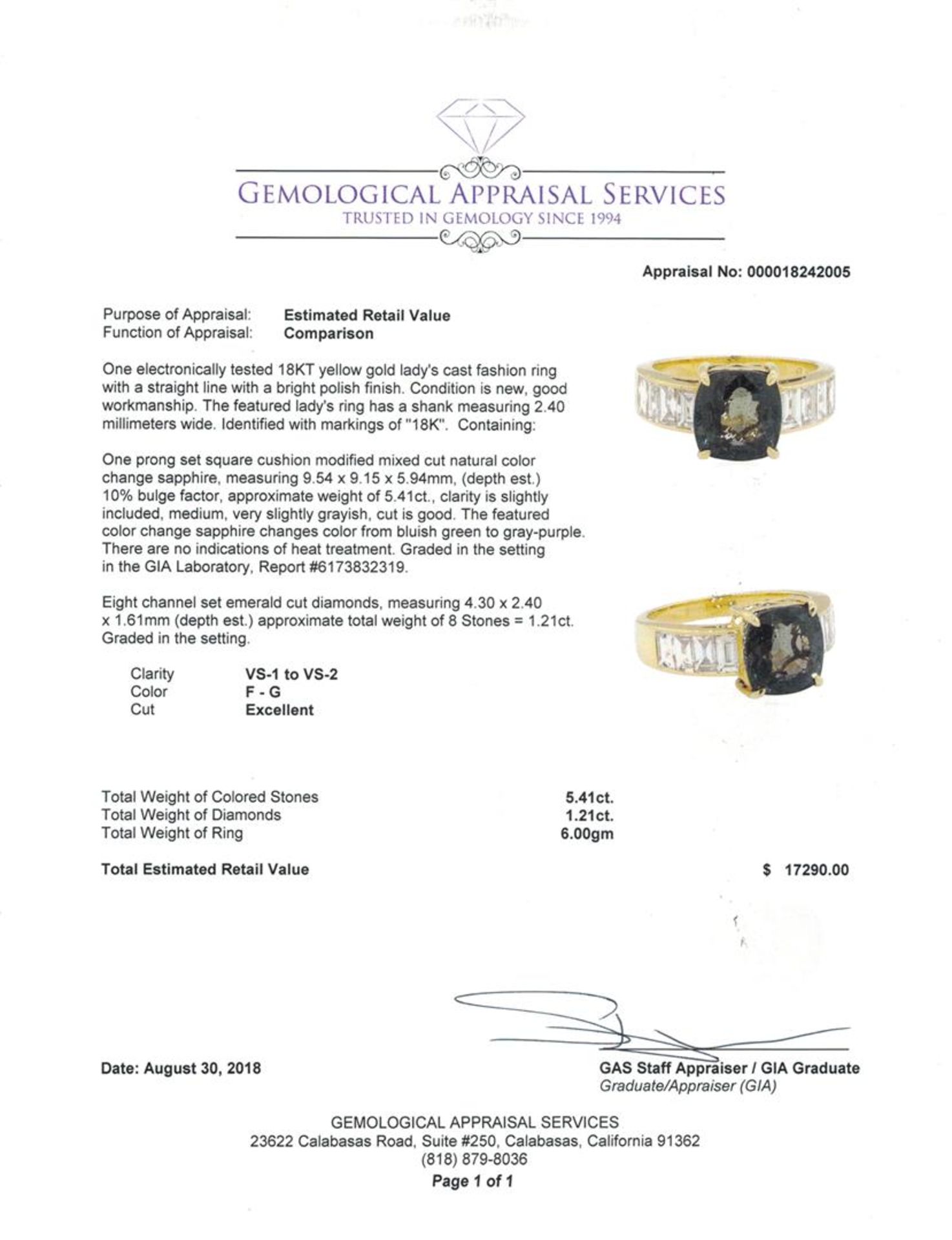 6.62 ctw Square Cushion Mixed Color Change Sapphire And Emerald Cut Diamond Ring - Image 5 of 5