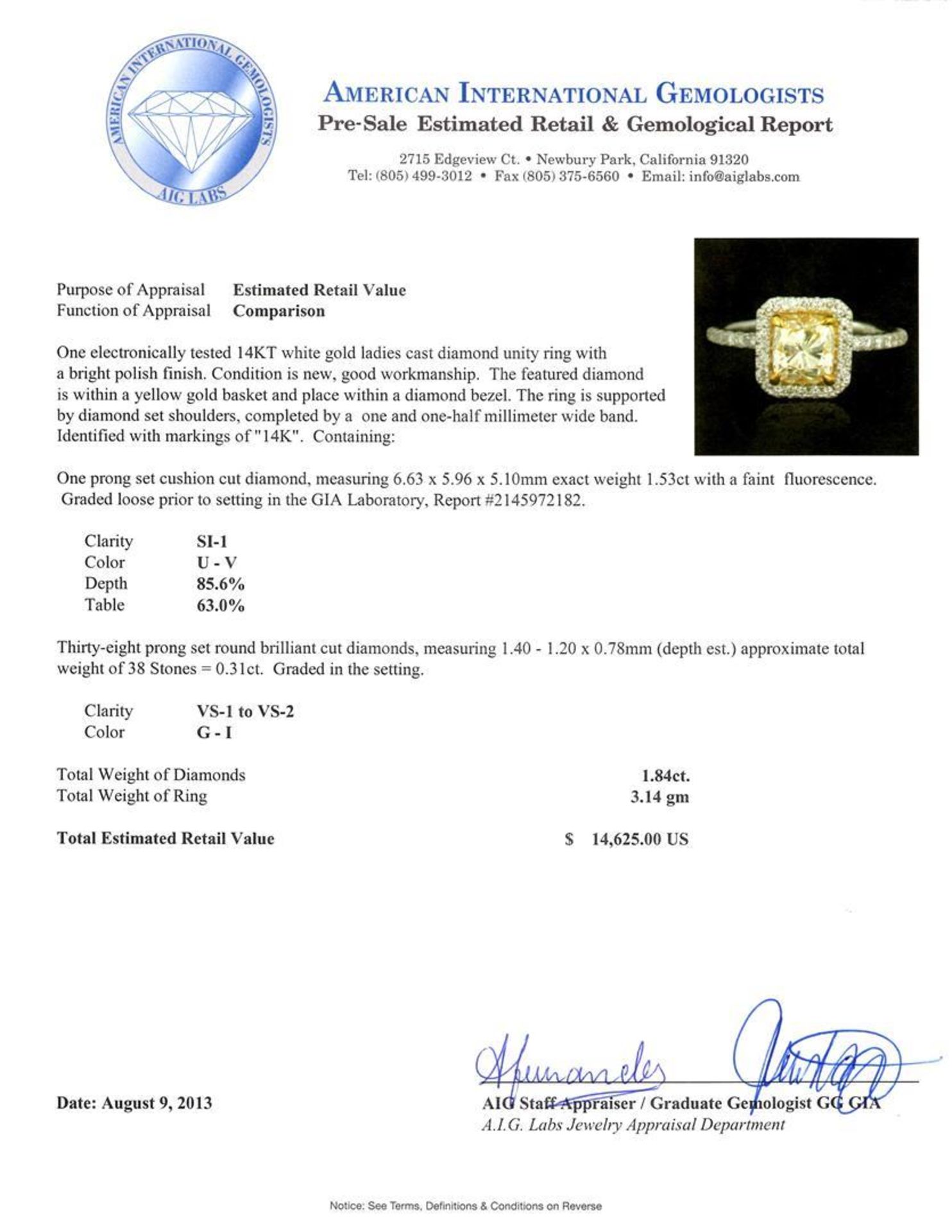 14KT White Gold 1.53ct SI-1/U-V Diamond Ring - Image 3 of 4