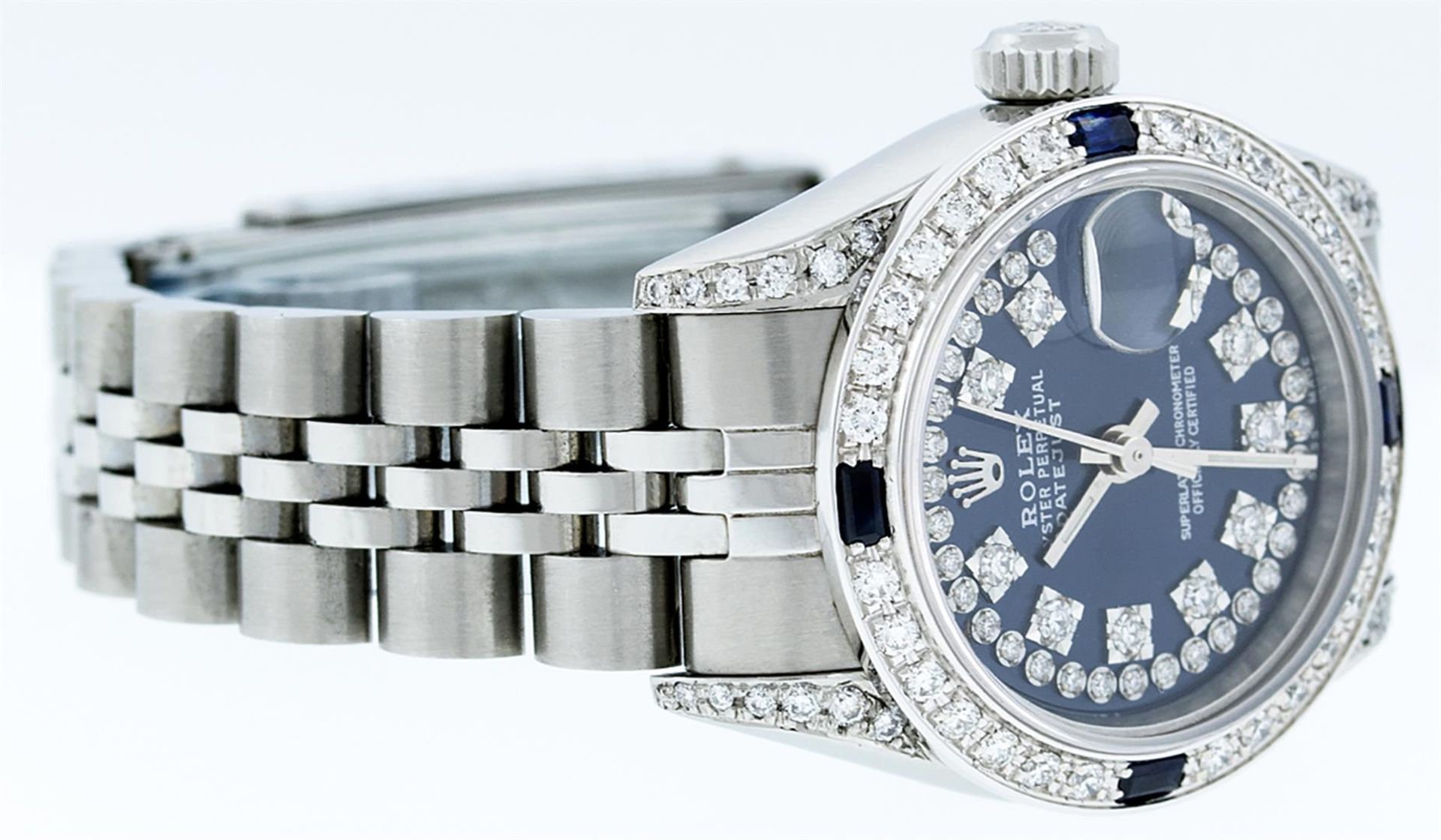 Rolex Ladies Stainless Steel Quickset Sapphire Blue Diamond Lugs Datejust Wristw - Image 5 of 9