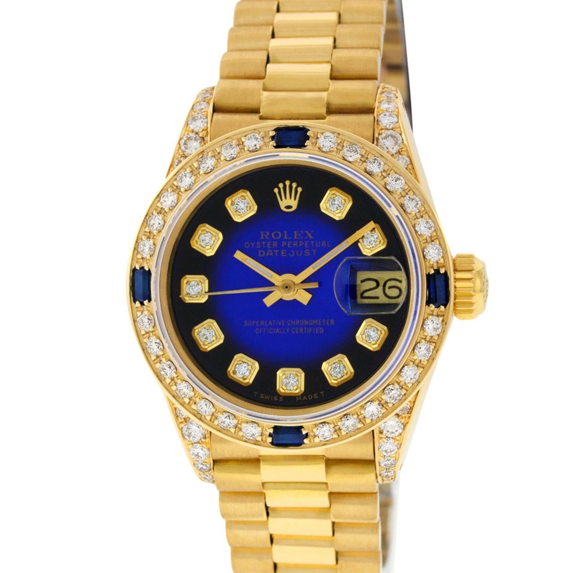 Rolex Ladies 18K Yellow Gold Blue Vignette Diamond And Sapphire President Wristw - Image 2 of 9