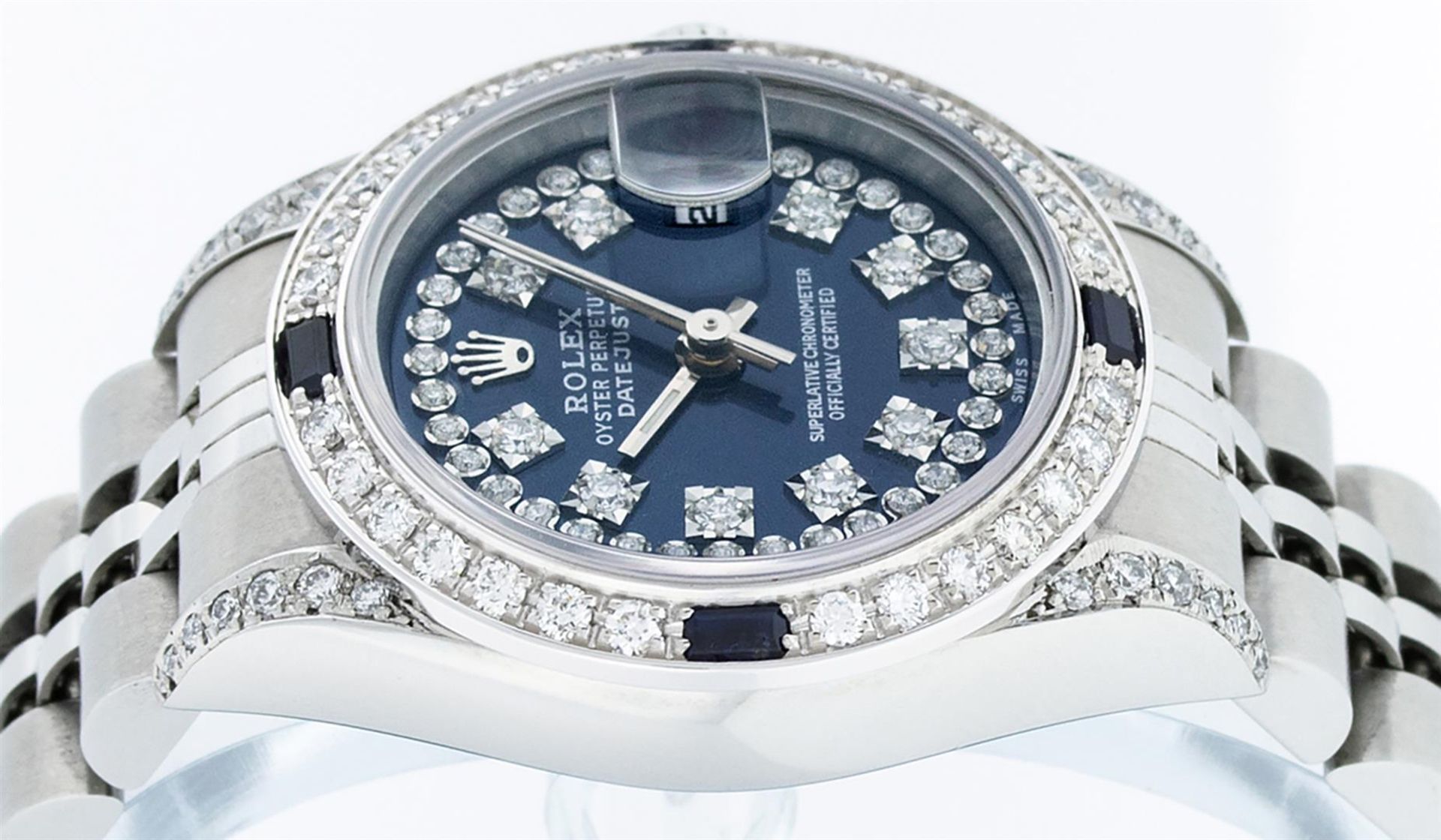 Rolex Ladies Stainless Steel Quickset Sapphire Blue Diamond Lugs Datejust Wristw - Image 3 of 9