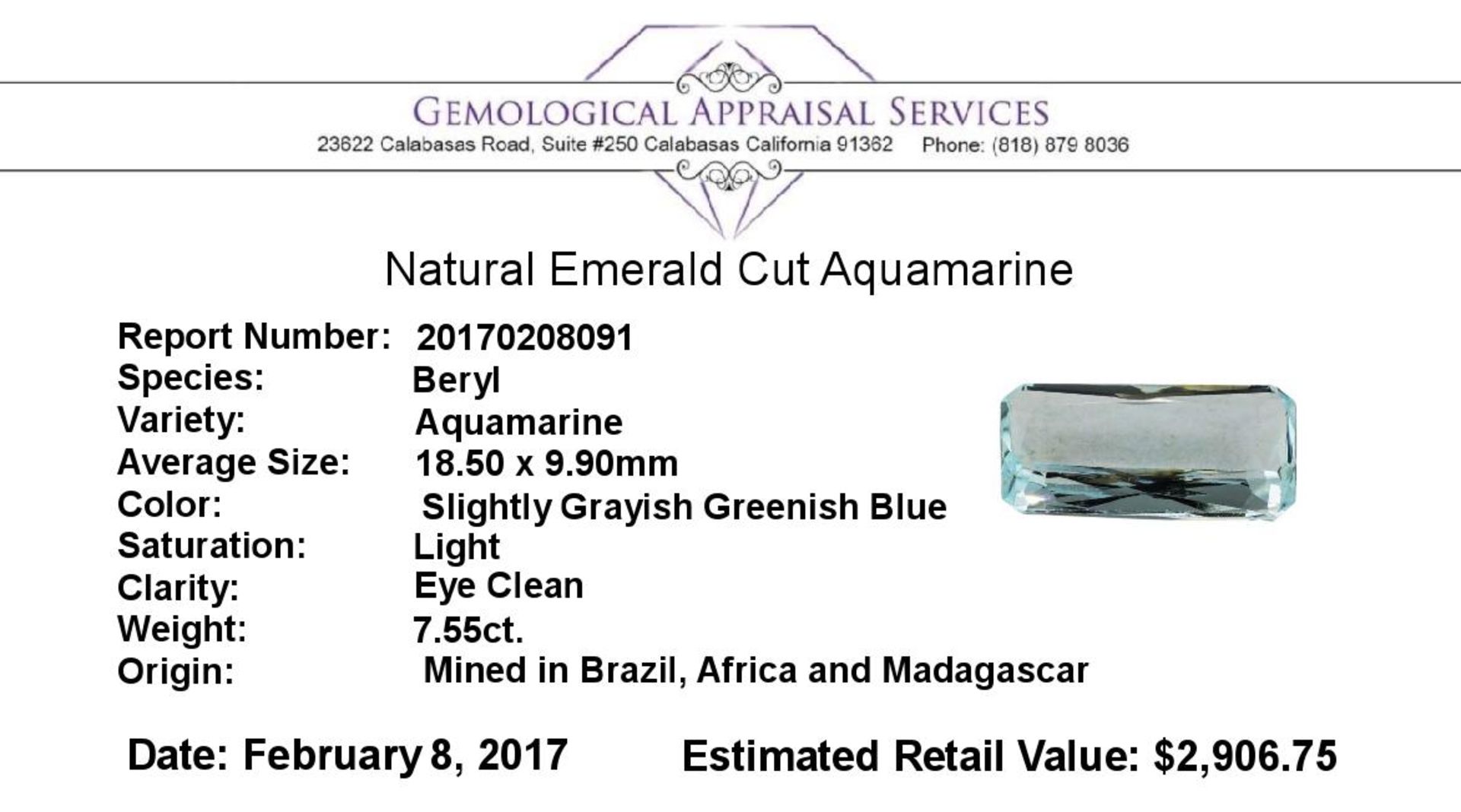 7.55ct.Natural Emerald Cut Aquamarine - Image 2 of 2