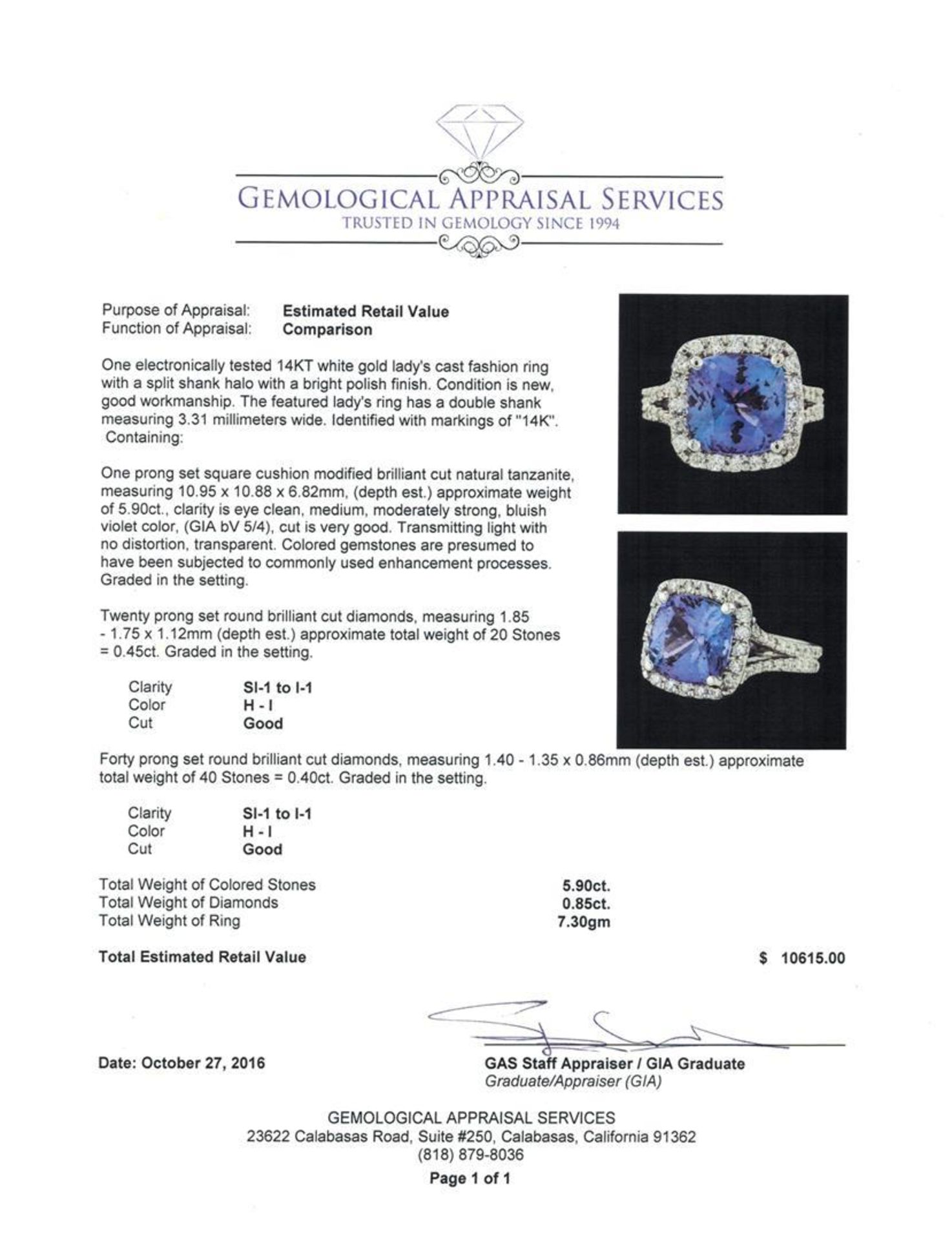 5.90 ctw Tanzanite and Diamond Ring - 14KT White Gold - Image 5 of 5