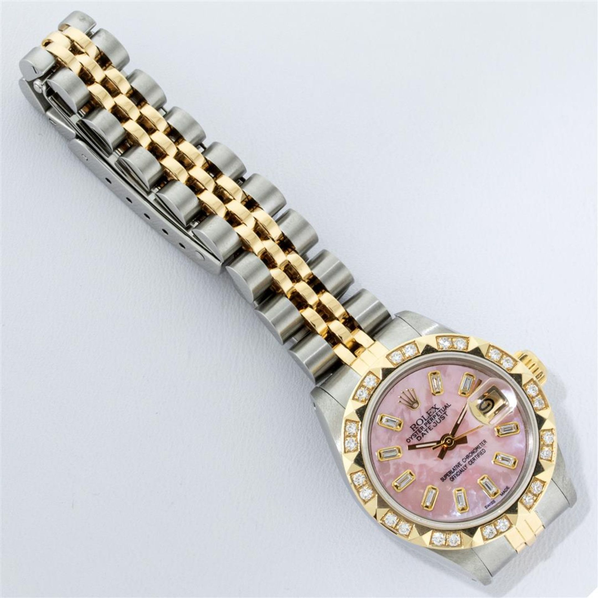 Rolex Ladies 26 2T Pink MOP Baguette 18K YG Diamond Bezel Serviced And Polished - Image 9 of 9