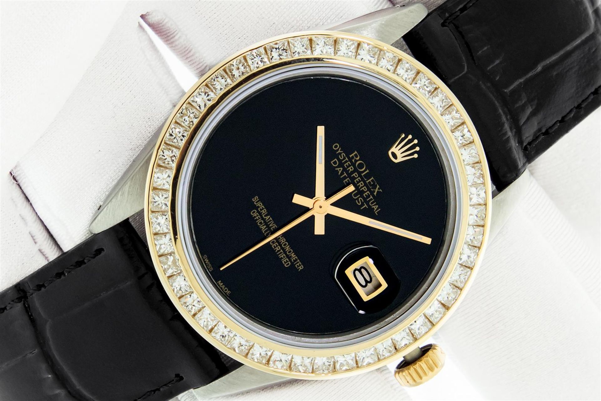 Rolex 36 Datejust Black Onyx 2.75ctw Princess Diamond Leather Band Oyster Perpet - Image 2 of 8