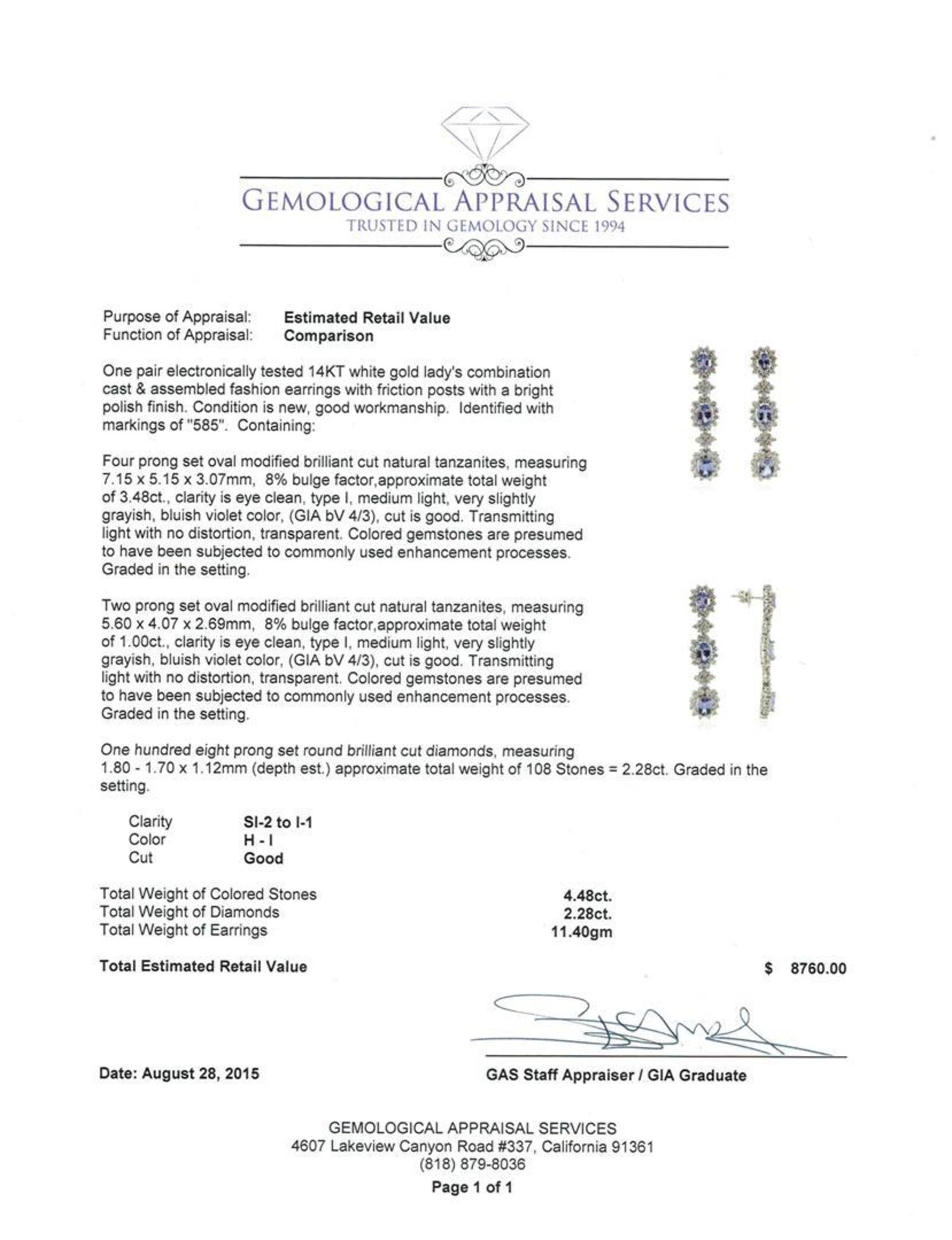 4.48 ctw Tanzanite and Diamond Earrings - 14KT White Gold - Image 3 of 3