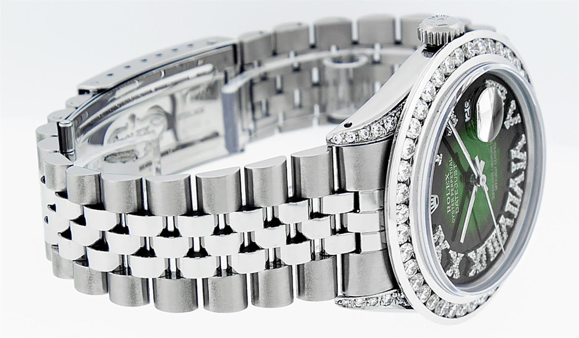 Rolex Mens Stainless Steel 3ctw Green Vignette Roman Diamond Datejust Wristwatch - Image 4 of 9