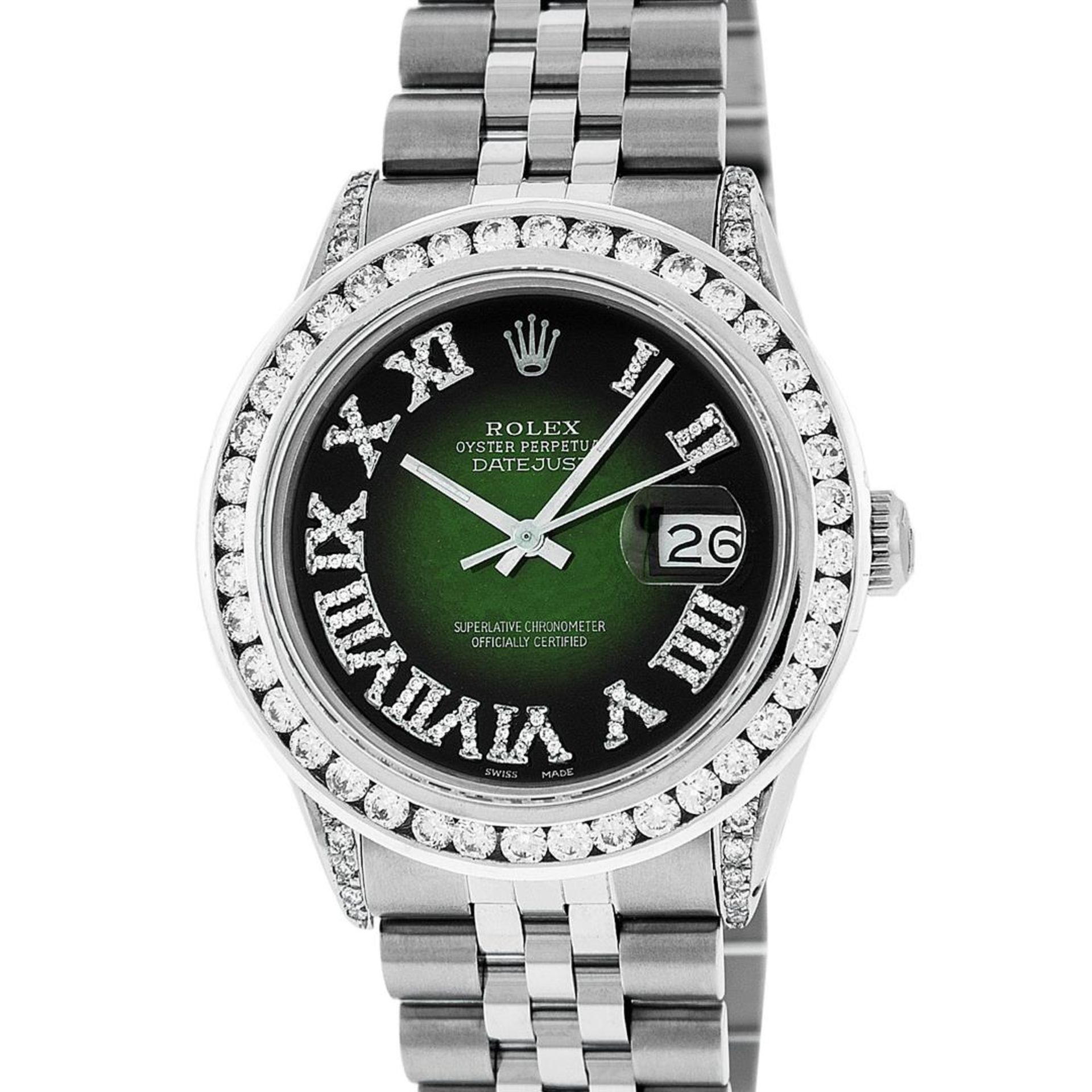 Rolex Mens Stainless Steel 3ctw Green Vignette Roman Diamond Datejust Wristwatch - Image 2 of 9