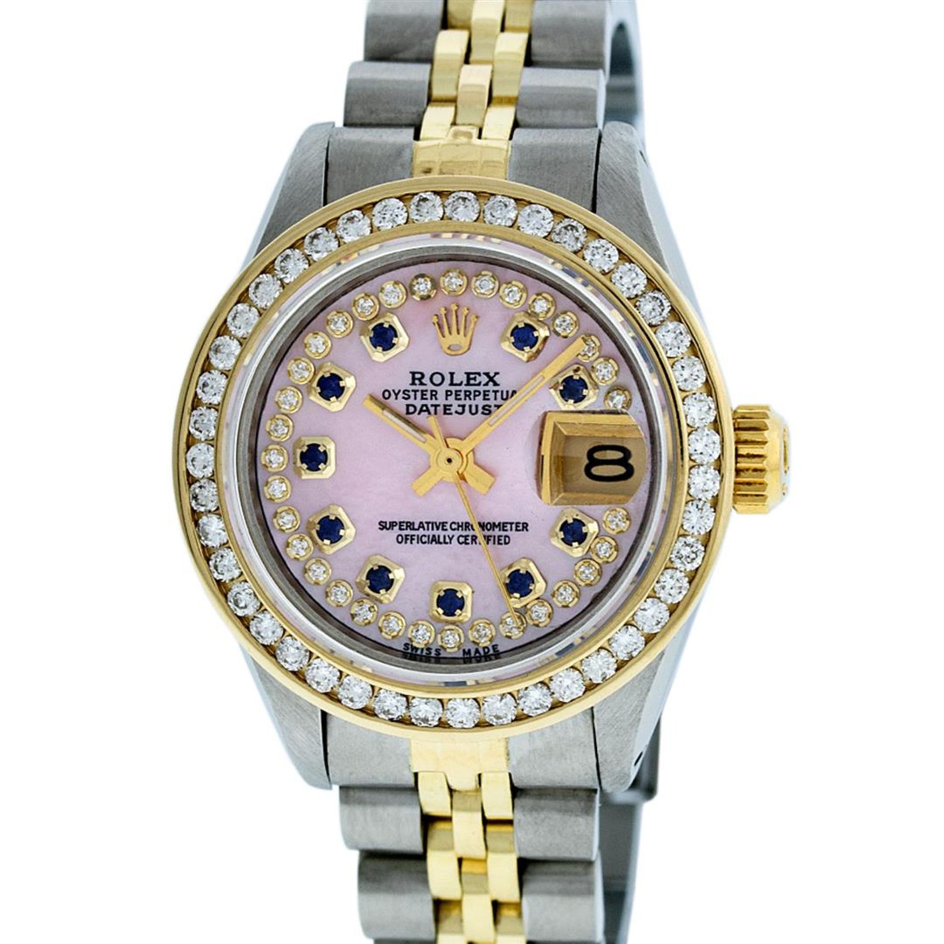 Rolex Ladies 2 Tone Pink MOP Sapphire String Diamond Datejust Wristwatch - Image 2 of 9