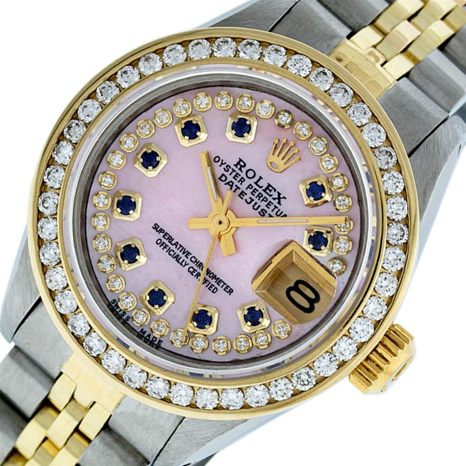 Rolex Ladies 2 Tone Pink MOP Sapphire String Diamond Datejust Wristwatch