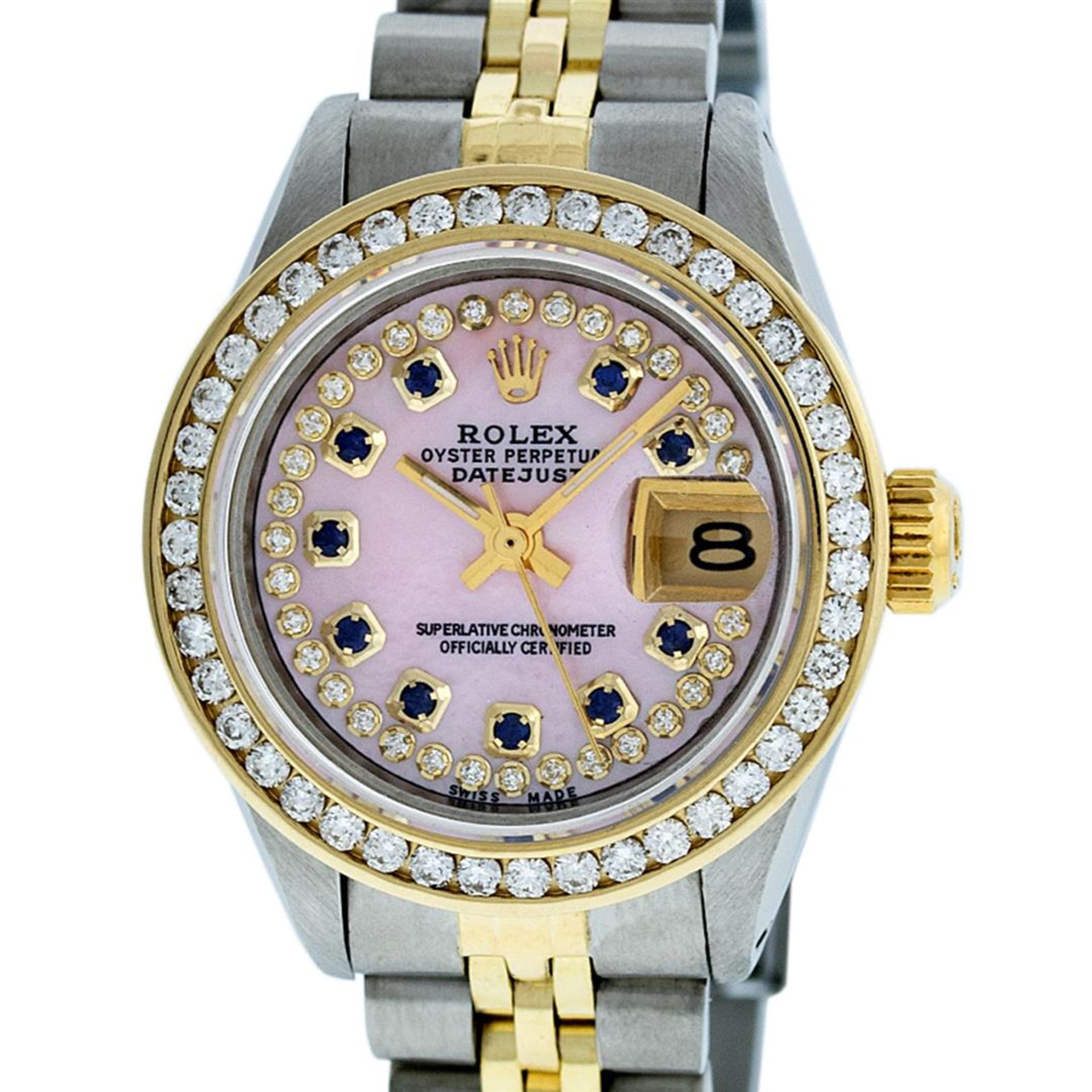 Rolex Ladies 2 Tone Pink MOP Sapphire String Diamond Datejust Wristwatch - Image 3 of 9