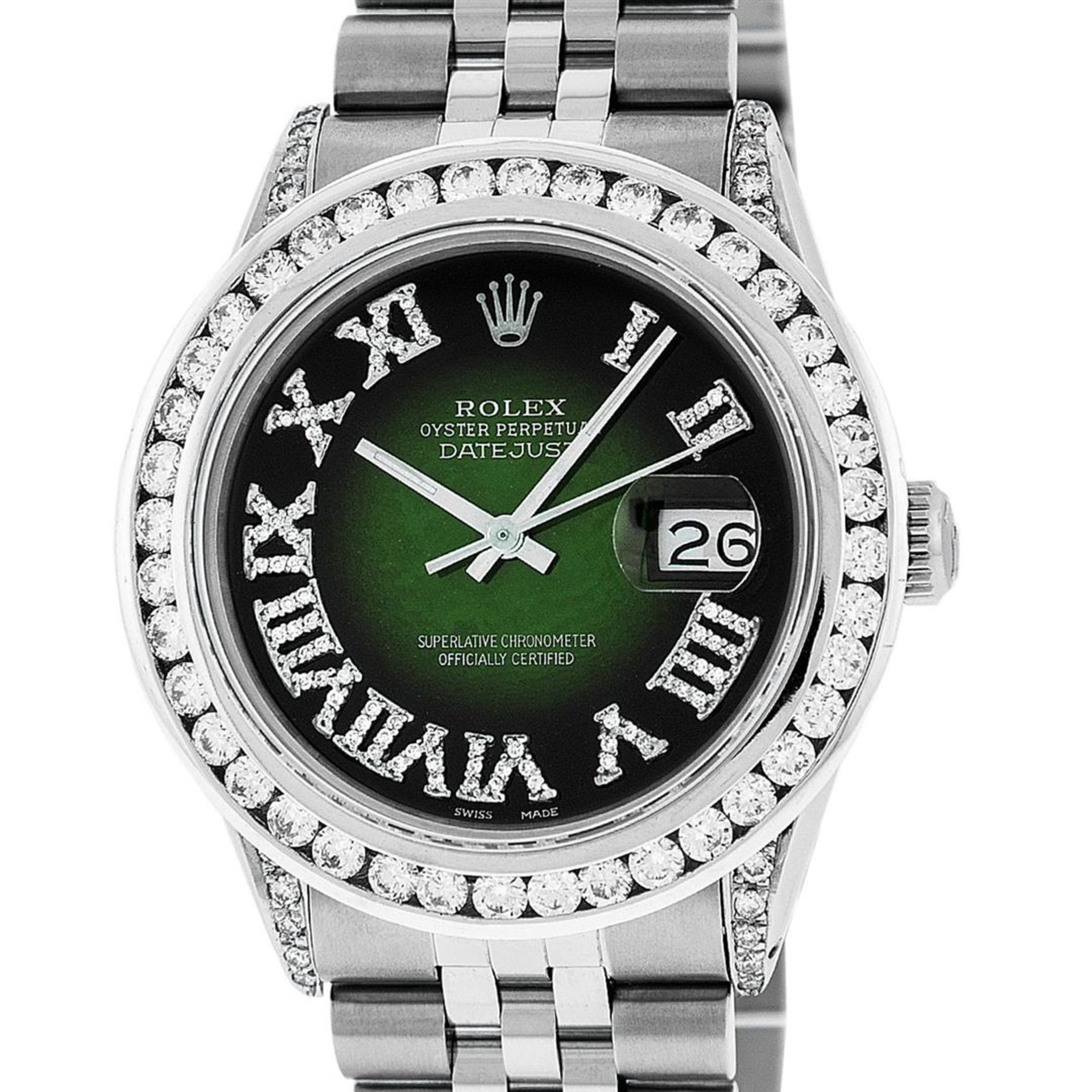 Rolex Mens Stainless Steel 3ctw Green Vignette Roman Diamond Datejust Wristwatch