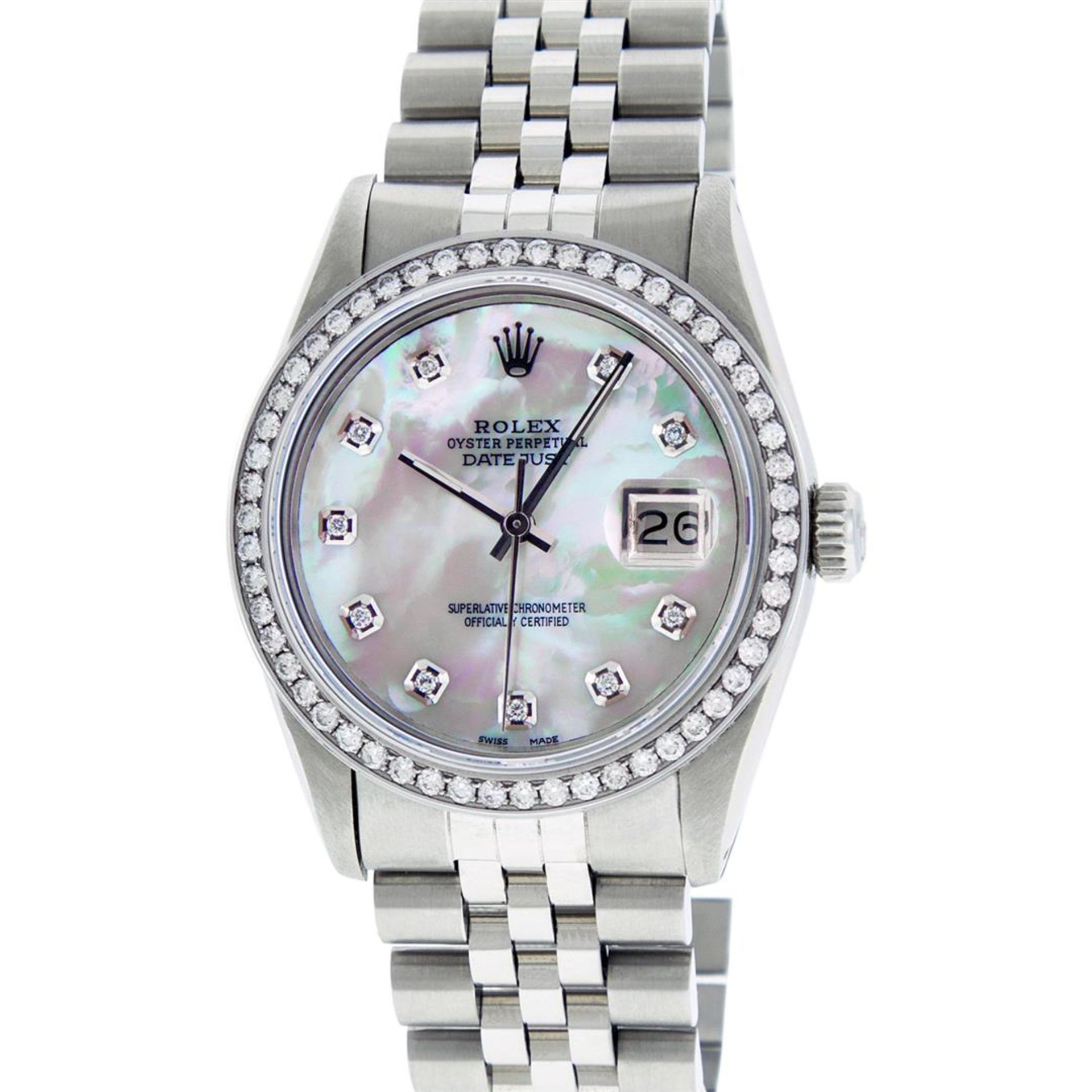 Rolex Mens Stainless Steel Mother Of Pearl Diamond 36MM Oyster Perpetual Datejus