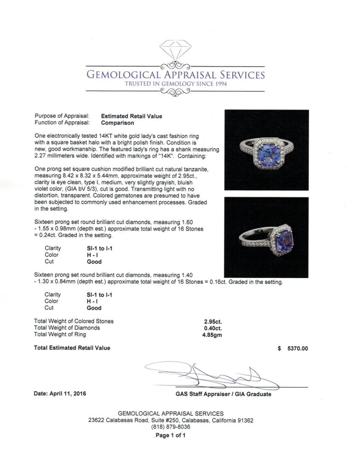 2.95ct Tanzanite and Diamond Ring - 14KT White Gold - Image 5 of 5