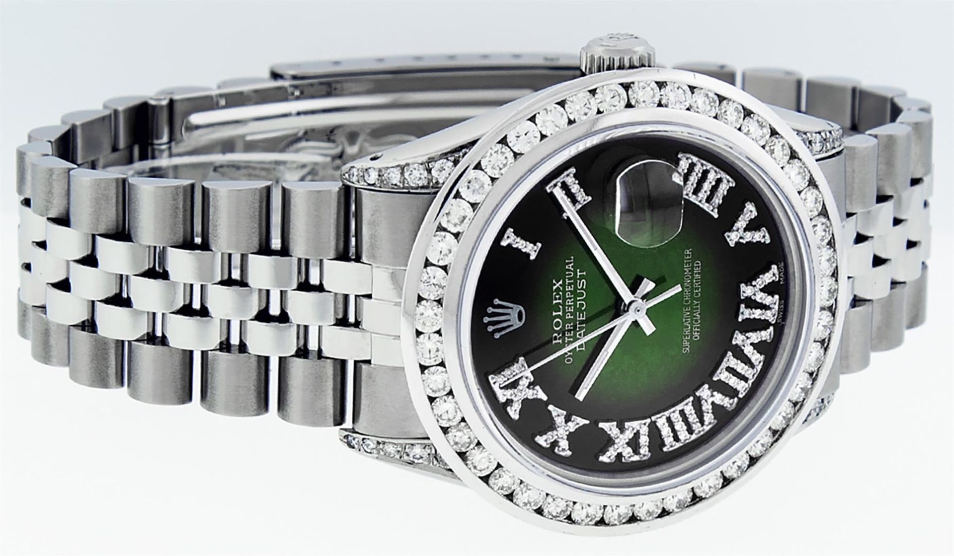 Rolex Mens Stainless Steel 3ctw Green Vignette Roman Diamond Datejust Wristwatch - Image 3 of 9