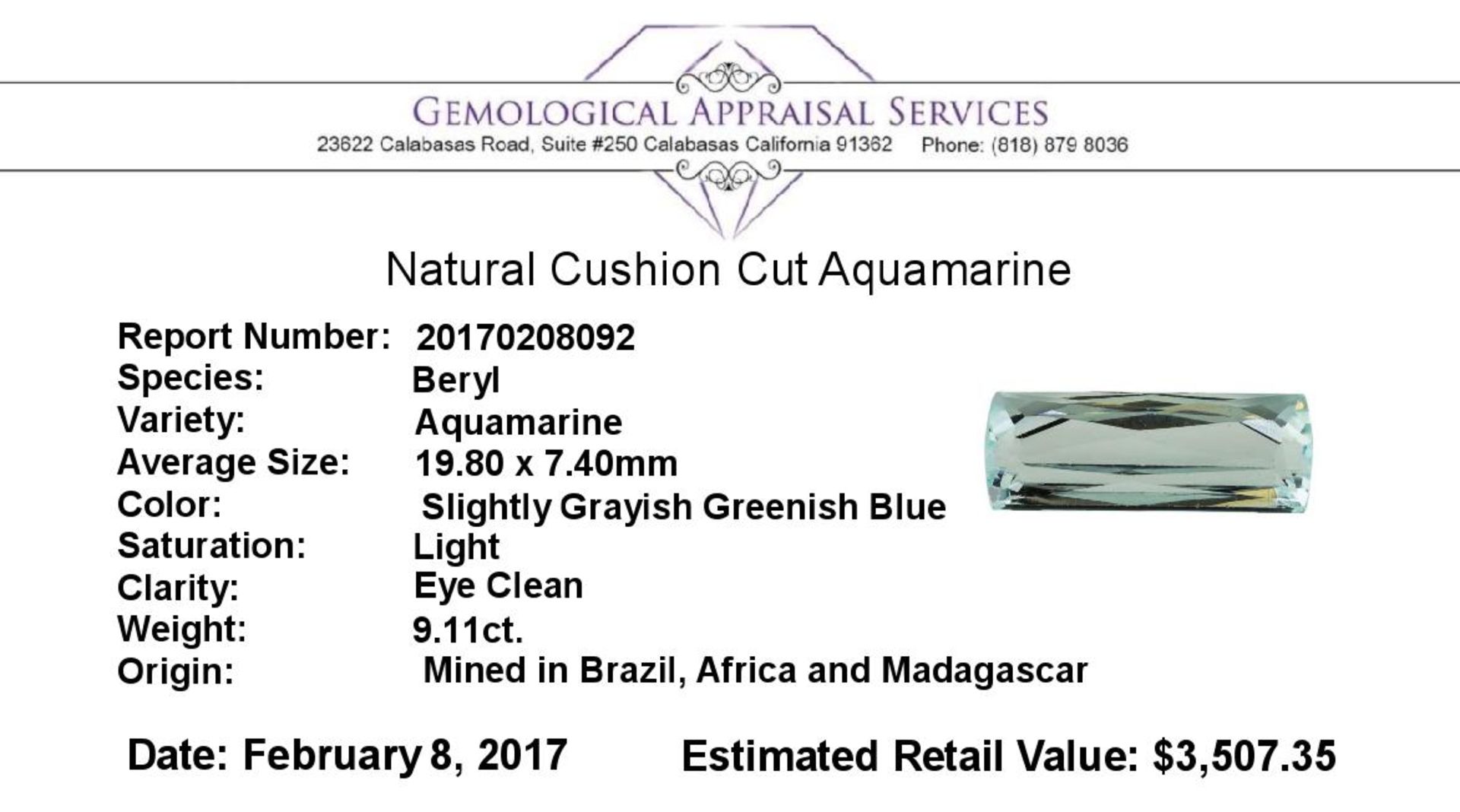 9.11ct.Natural Cushion Cut Aquamarine - Image 2 of 2