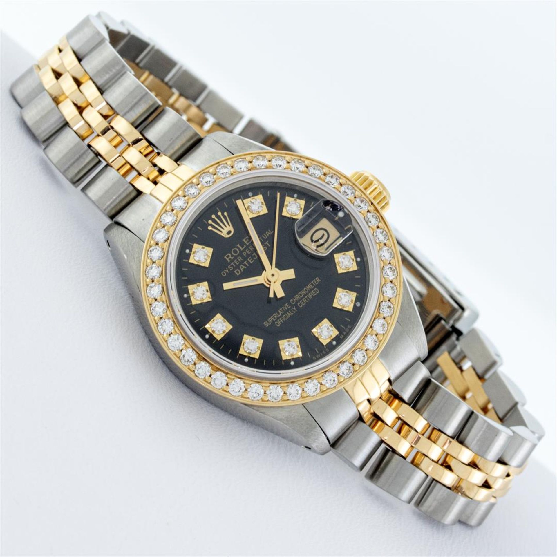 Rolex Ladies 2T 26MM Black Diamond Bezel 1ctw 18K Yellow Gold Datejust Wristwatc - Image 3 of 9