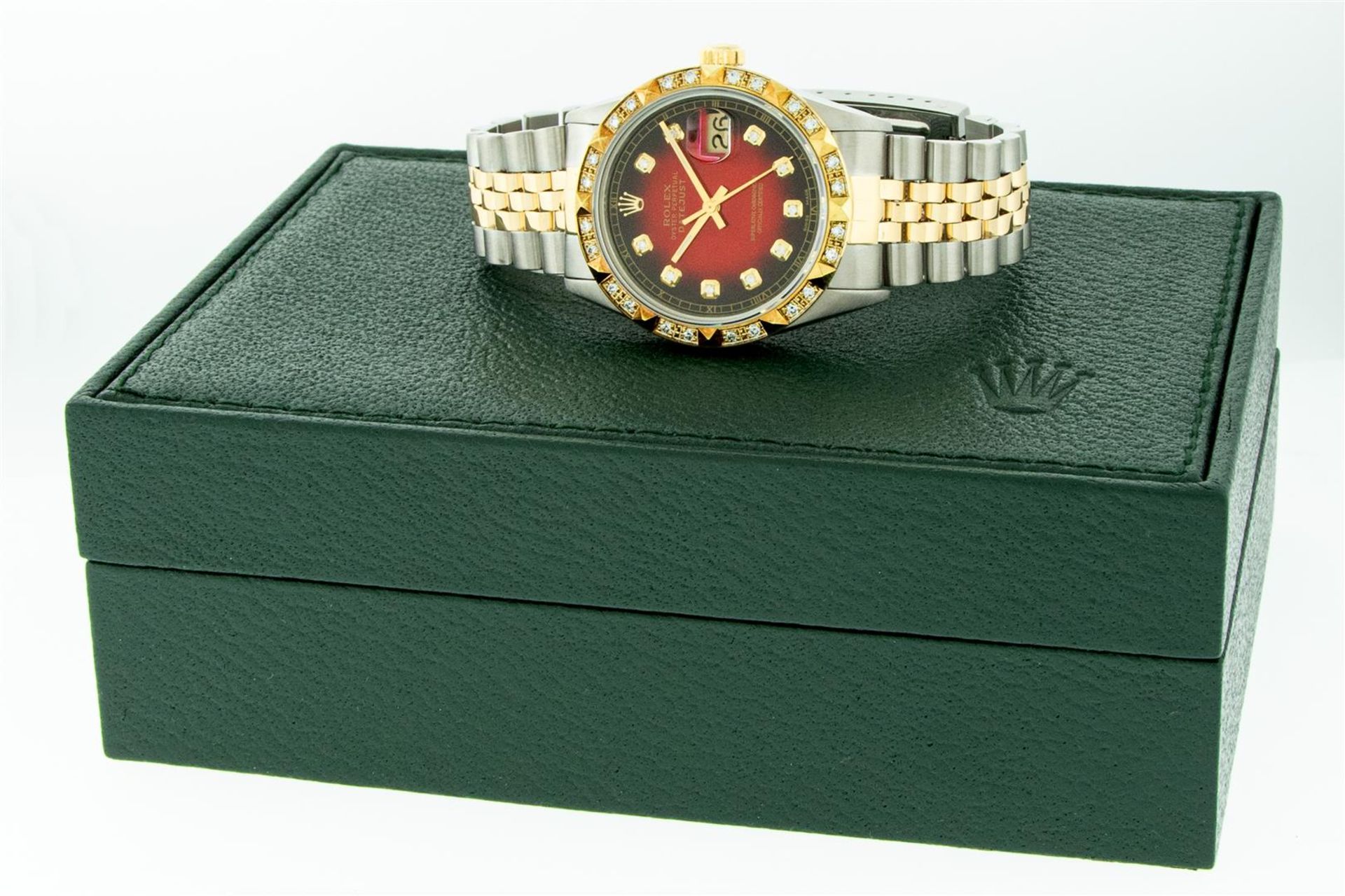 Rolex Mens 2 Tone Red Vignette Pyramid Diamond 36MM Oyster Perpetual Datejust Wi - Image 5 of 9